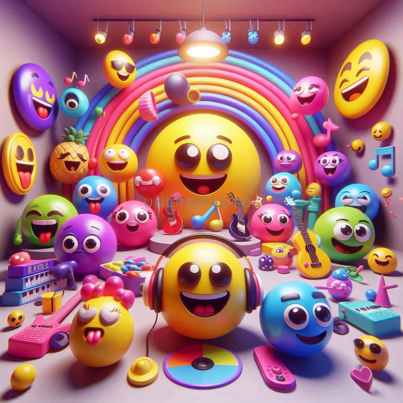 A group of colorful emojis, including a large yellow smiley face, on a stage with musical instruments. The scene is playful and upbeat, suggesting a celebration of fun and happiness. A high-quality AI-generated photo.