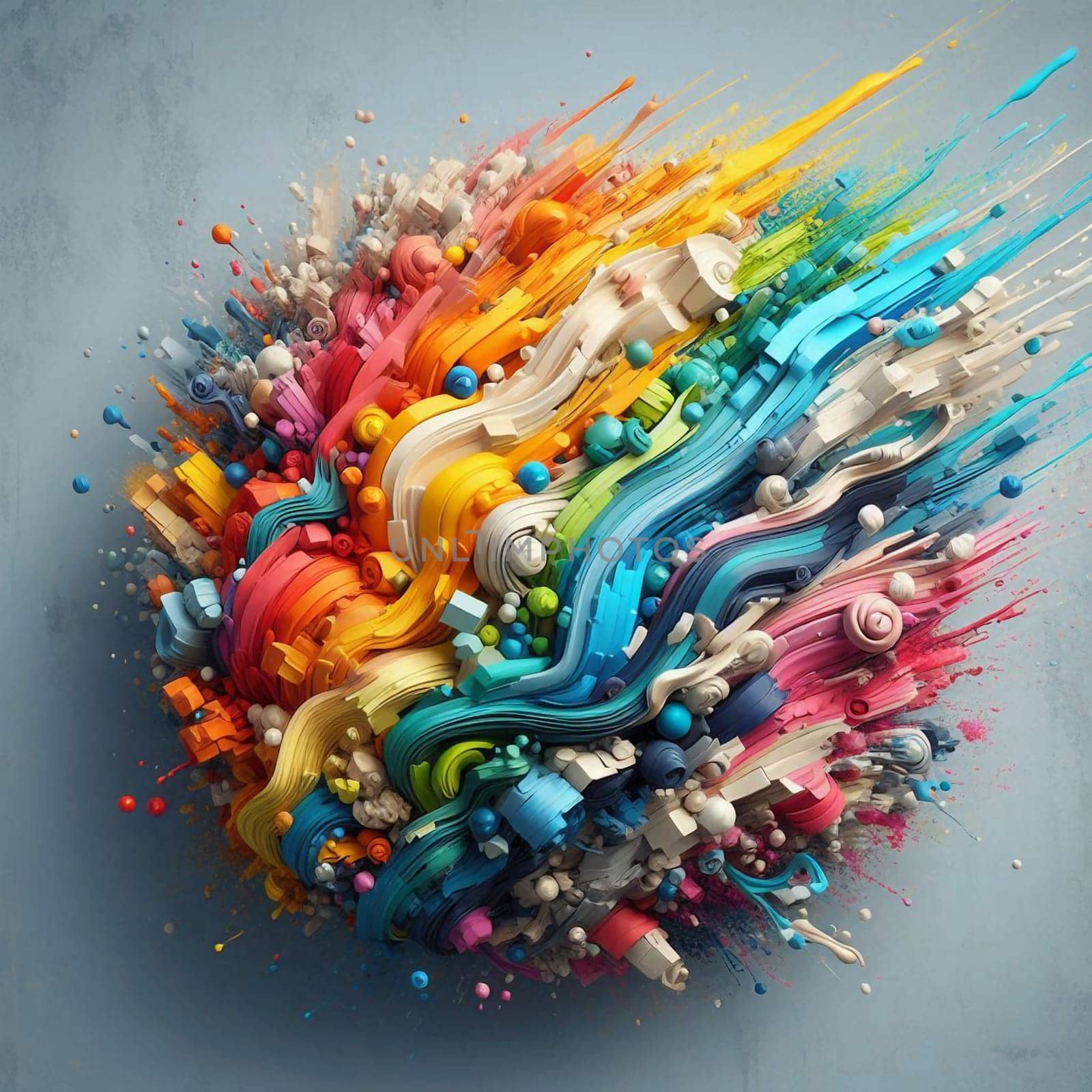 An abstract image of colorful shapes and textures, resembling a burst of energy or a creative explosion. The image is vibrant and dynamic, suggesting a sense of movement and excitement. A high-quality AI-generated photo.