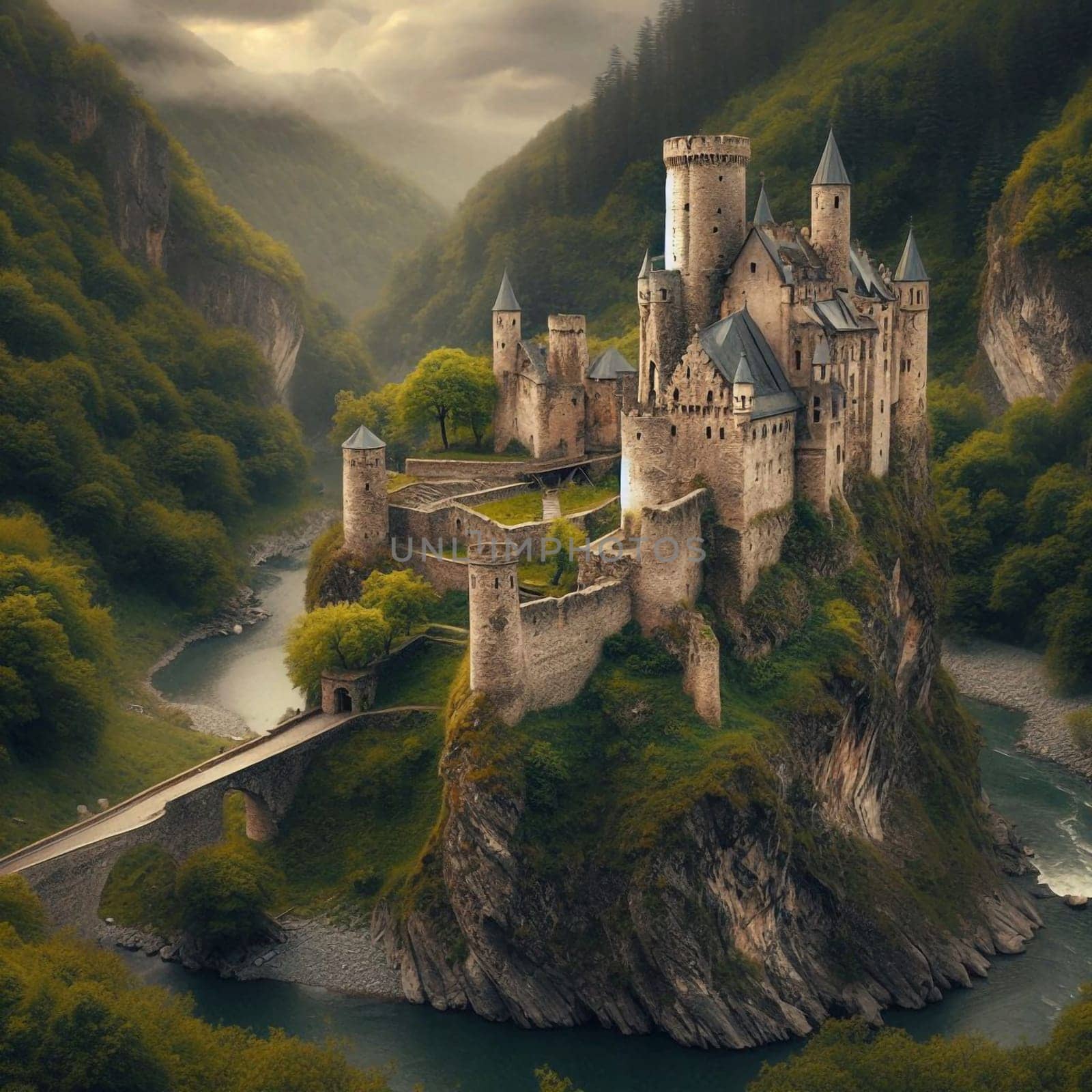 A medieval castle perched on a cliff overlooking a river. The castle is surrounded by a lush green forest, creating a sense of peace and serenity. A high-quality AI-generated photo.