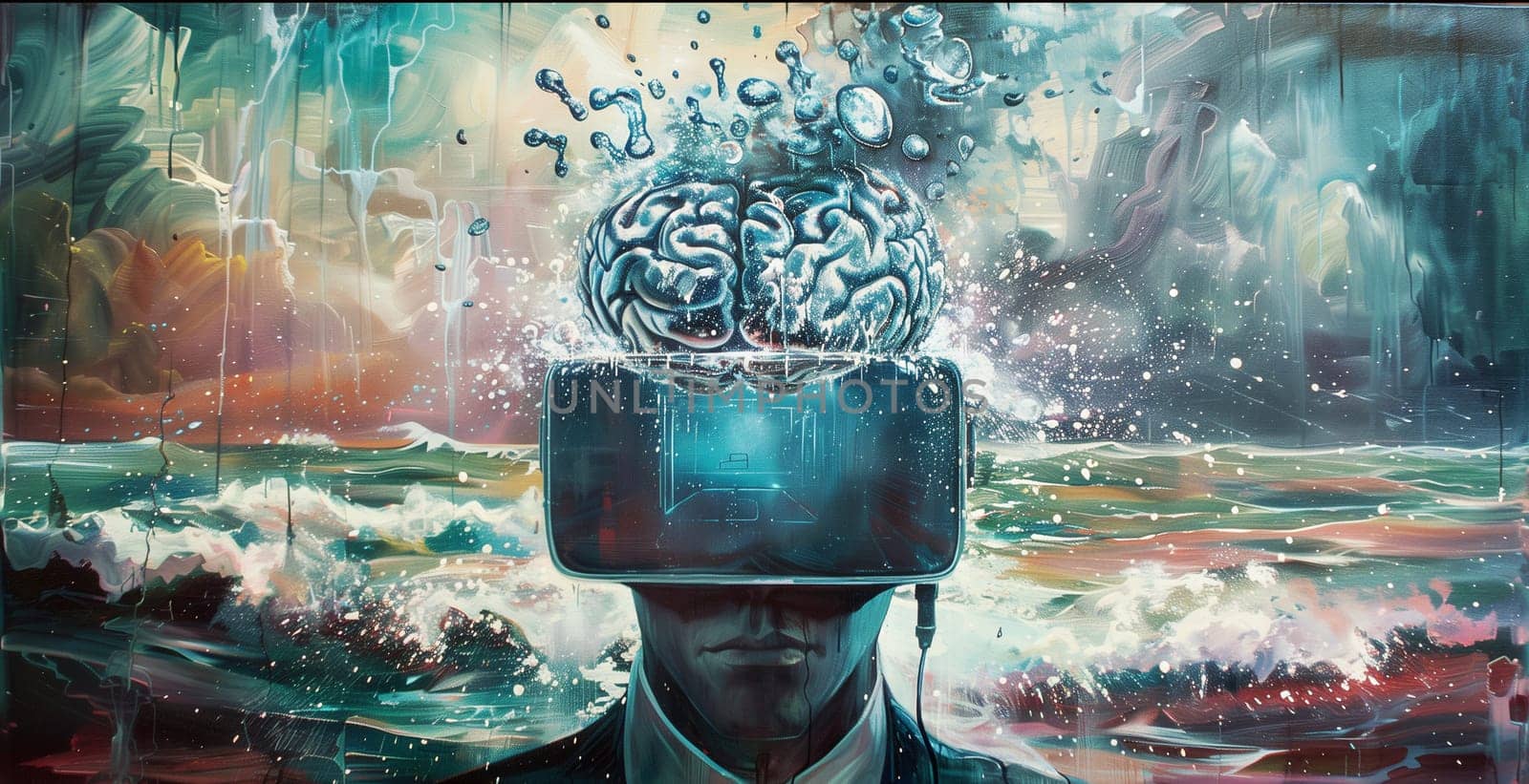 Man with smartphone on the brain, addicted to social media, manipulation and mind control by media, overwhelmed by information