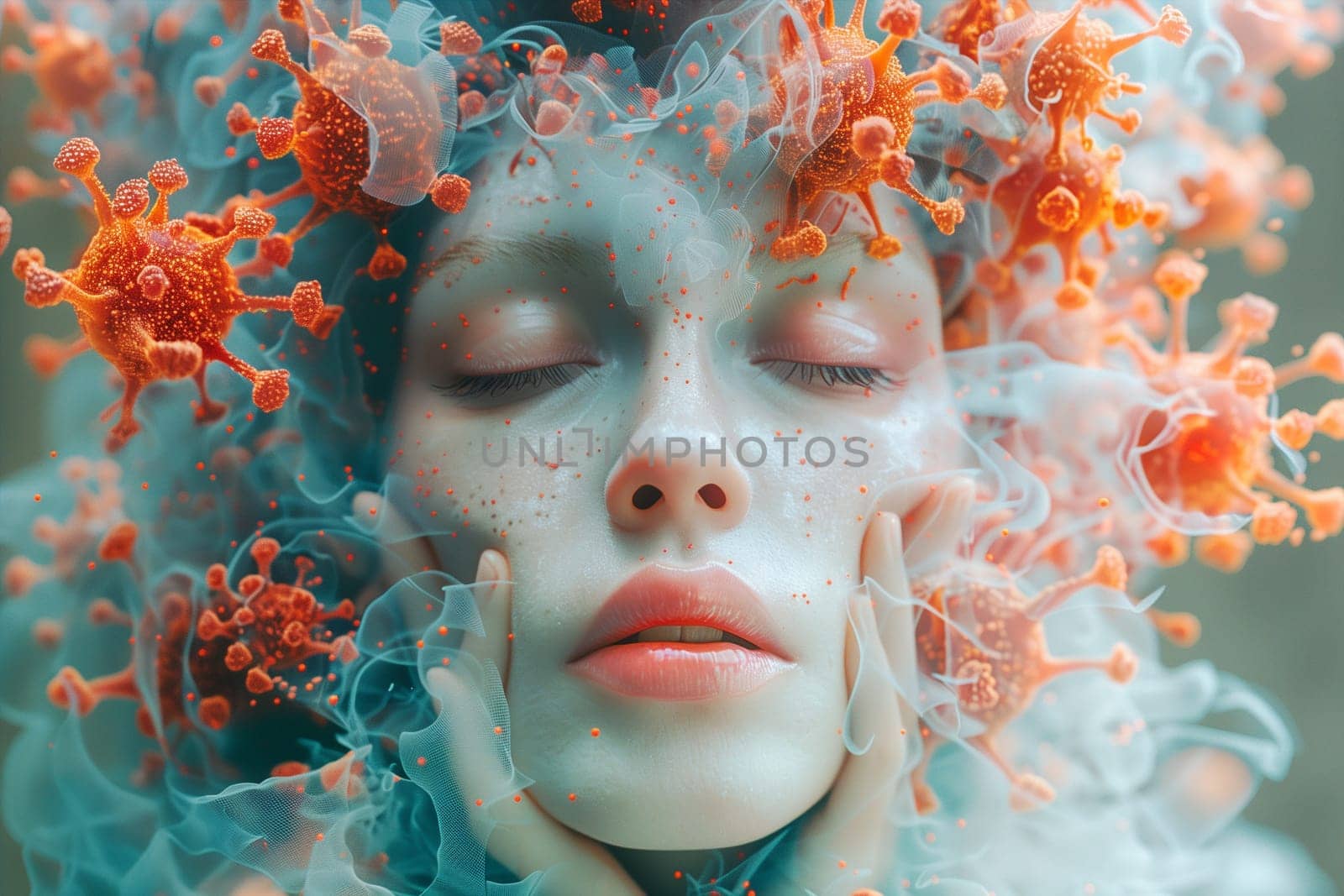 Woman surrounded by viruses, Mpox, monkeypox or covid outbreak, MPXV virus, infectious disease spreading to human