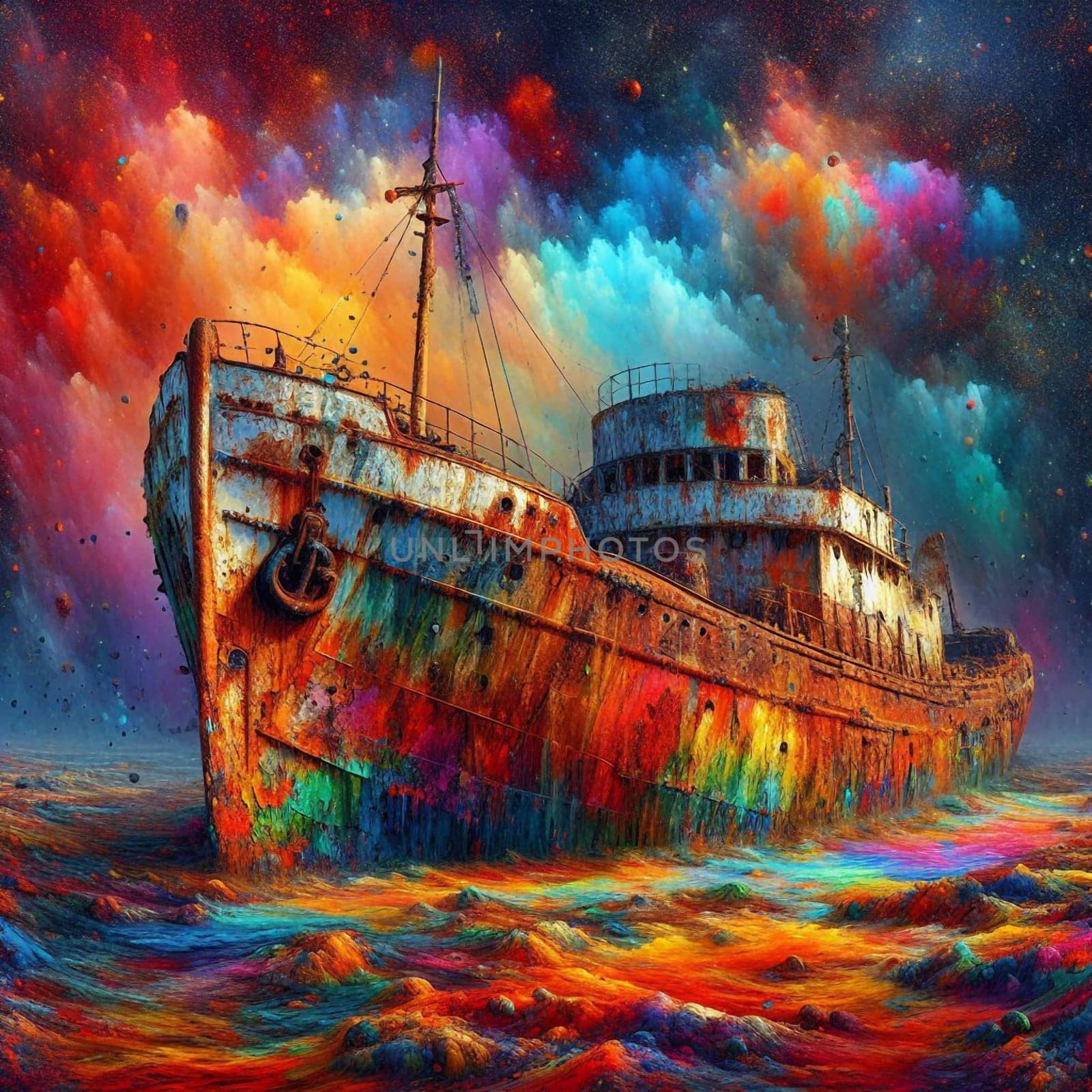 A surreal painting of a rusty ship sailing through colorful, abstract waves. The scene is dreamlike and evocative, suggesting a sense of mystery and adventure. A high-quality AI-generated photo.
