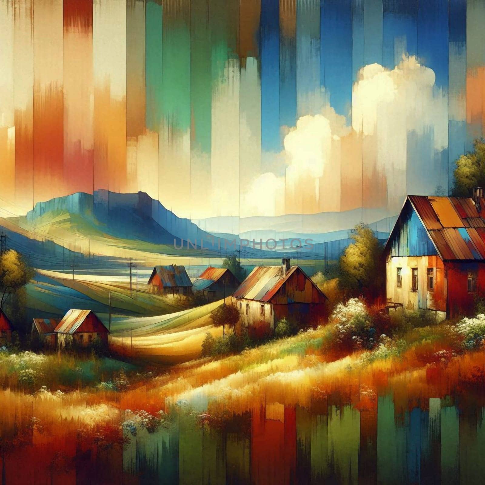 A colorful painting of a countryside landscape with houses, fields, and mountains. The scene is idyllic and peaceful, evoking a sense of nostalgia and tranquility. A high-quality AI-generated photo.