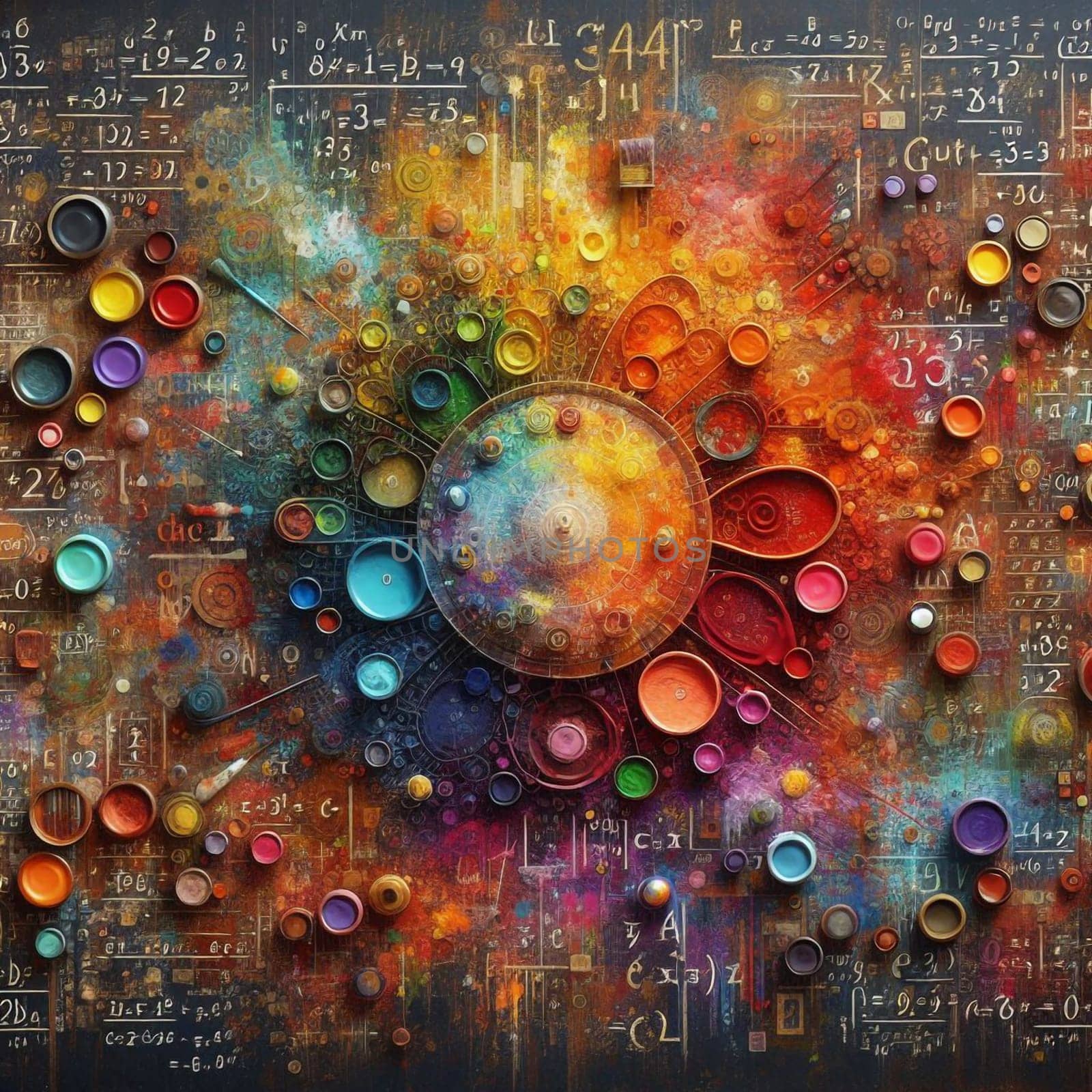 A classroom with a blackboard filled with mathematical equations, a color wheel, and paint pots, suggesting the intersection of art, science, and education. A high-quality AI-generated photo.