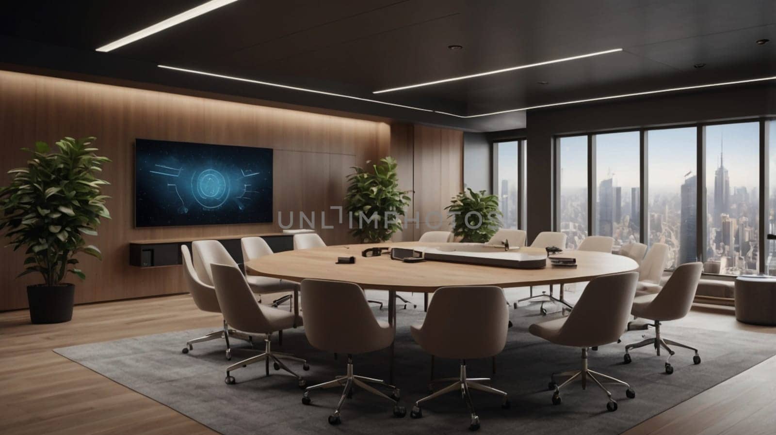 A modern conference room with a large round table and chairs, overlooking a cityscape. The room is sleek and stylish, with a sense of sophistication and professionalism. A high-quality AI-generated photo.