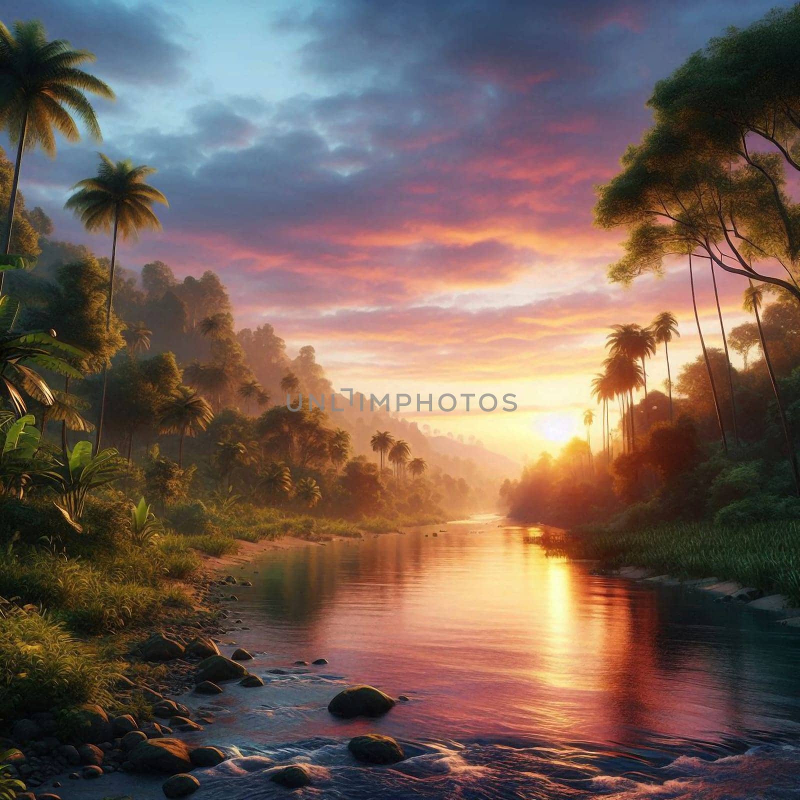 A tropical river flowing through a dense jungle at sunset. The sky is a beautiful mix of pink, orange, and blue, creating a romantic and breathtaking scene. A high-quality AI-generated photo.