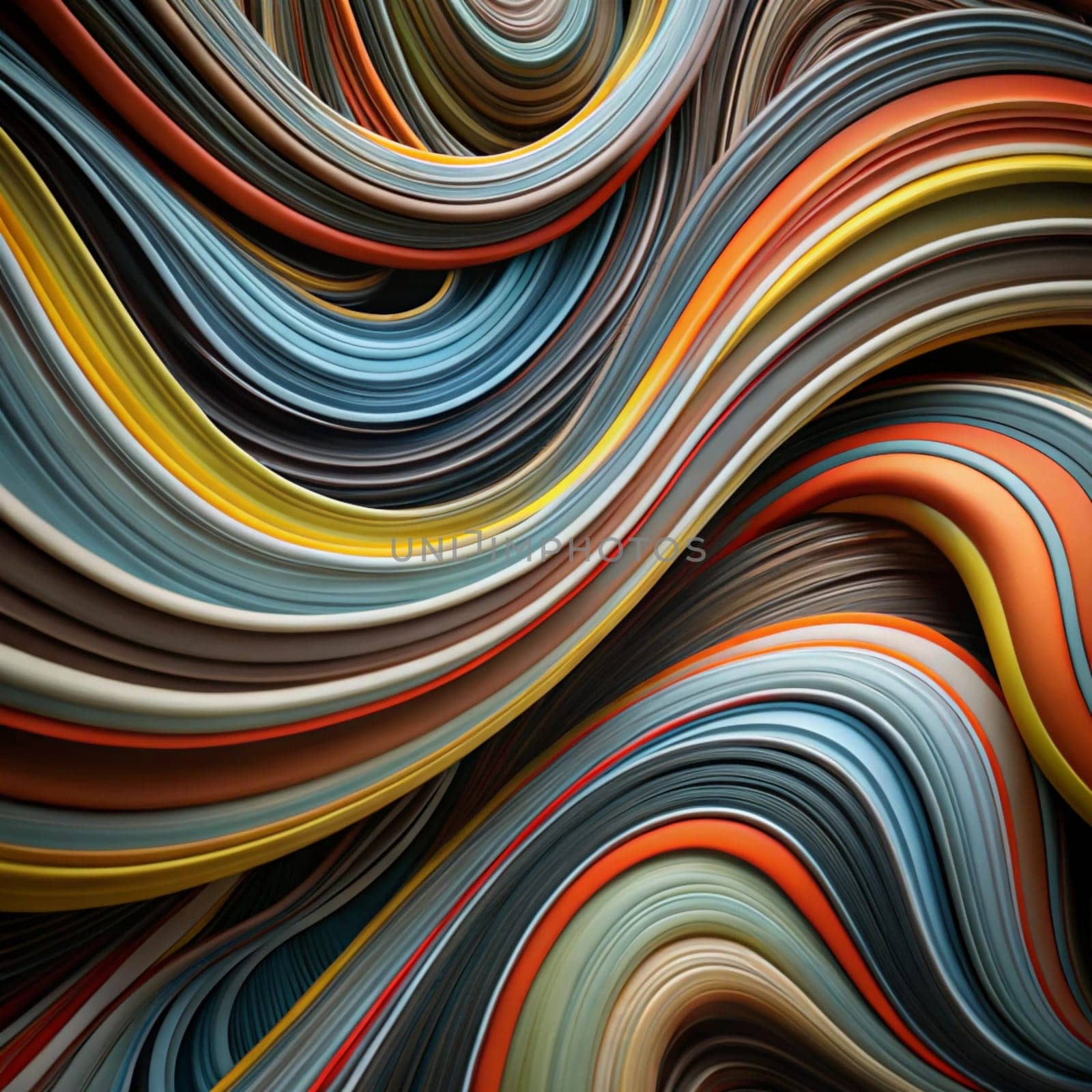 Abstract image of swirling, iridescent colors in shades of blue, teal, purple, orange, and yellow. The colors blend and flow, creating a dynamic and fluid effect. A high-quality AI-generated photo.