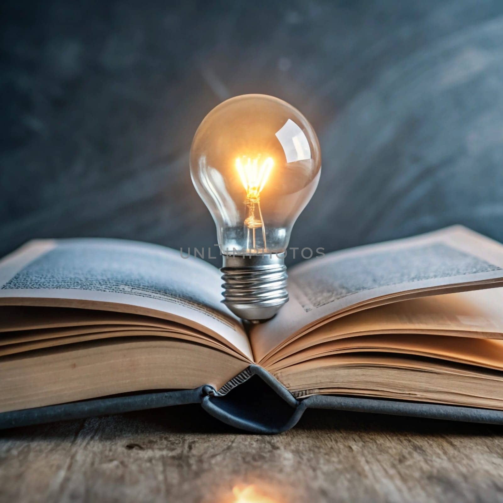 An open book with a lit light bulb on top of it, representing the concept of knowledge, learning, and ideas. The scene is warm and inviting, with a wooden table and a dark background. A high-quality AI-generated photo.