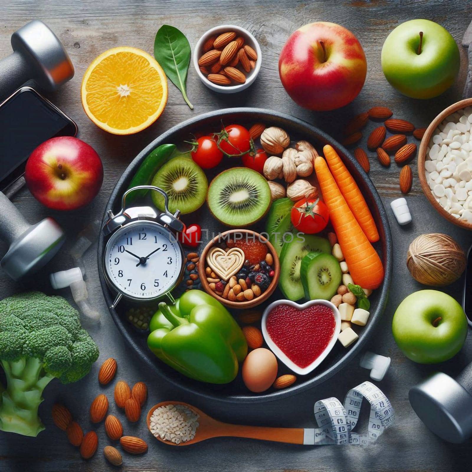 A healthy food arrangement on a black plate with a clock, dumbbells, and a measuring tape. The arrangement includes fruits, vegetables, nuts, and protein sources, representing a balanced diet and healthy lifestyle. A high-quality AI-generated photo.