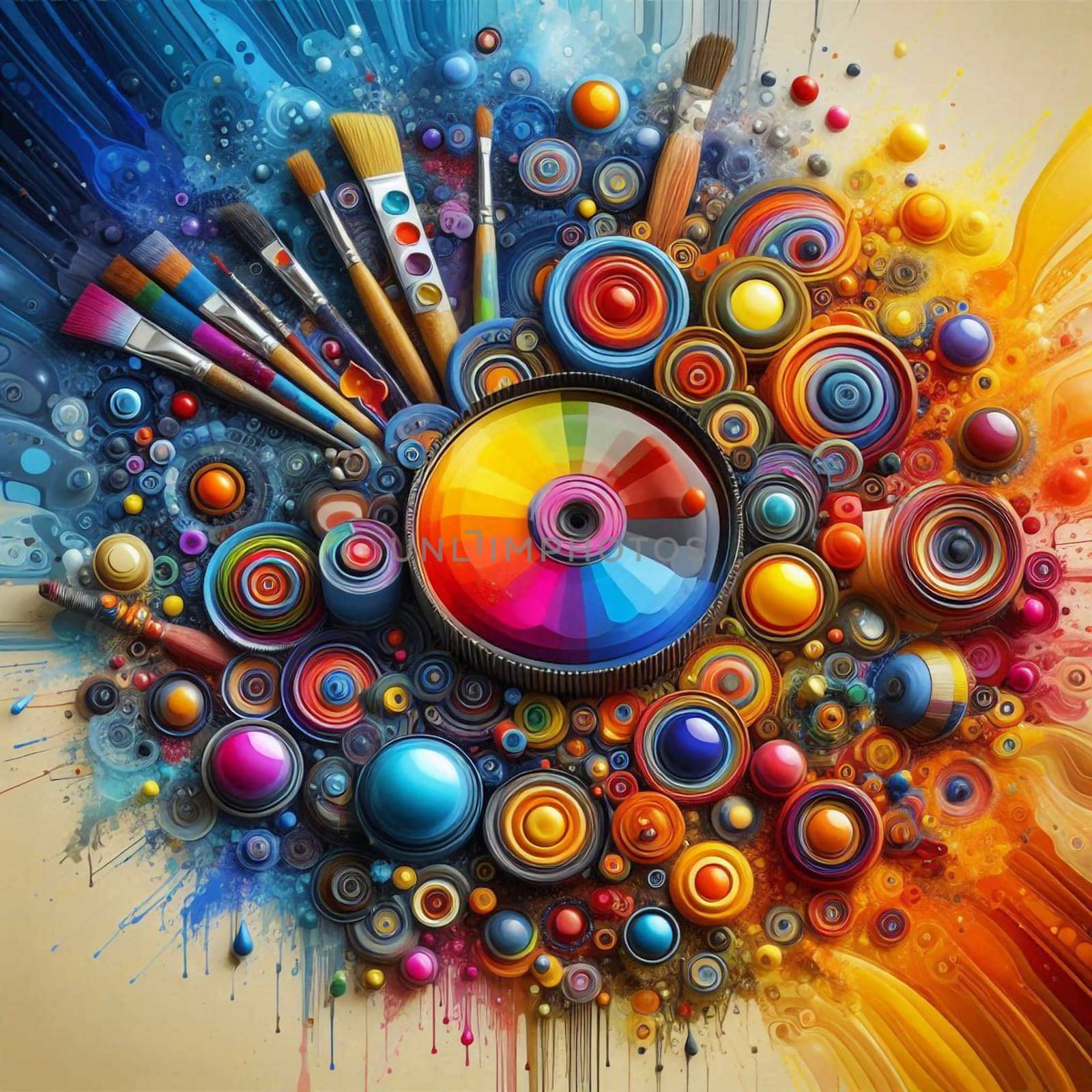 A colorful, abstract image of paintbrushes, paint tubes, and a color wheel. The image is a celebration of creativity and art, and the colors are vibrant and playful. A high-quality AI-generated photo.