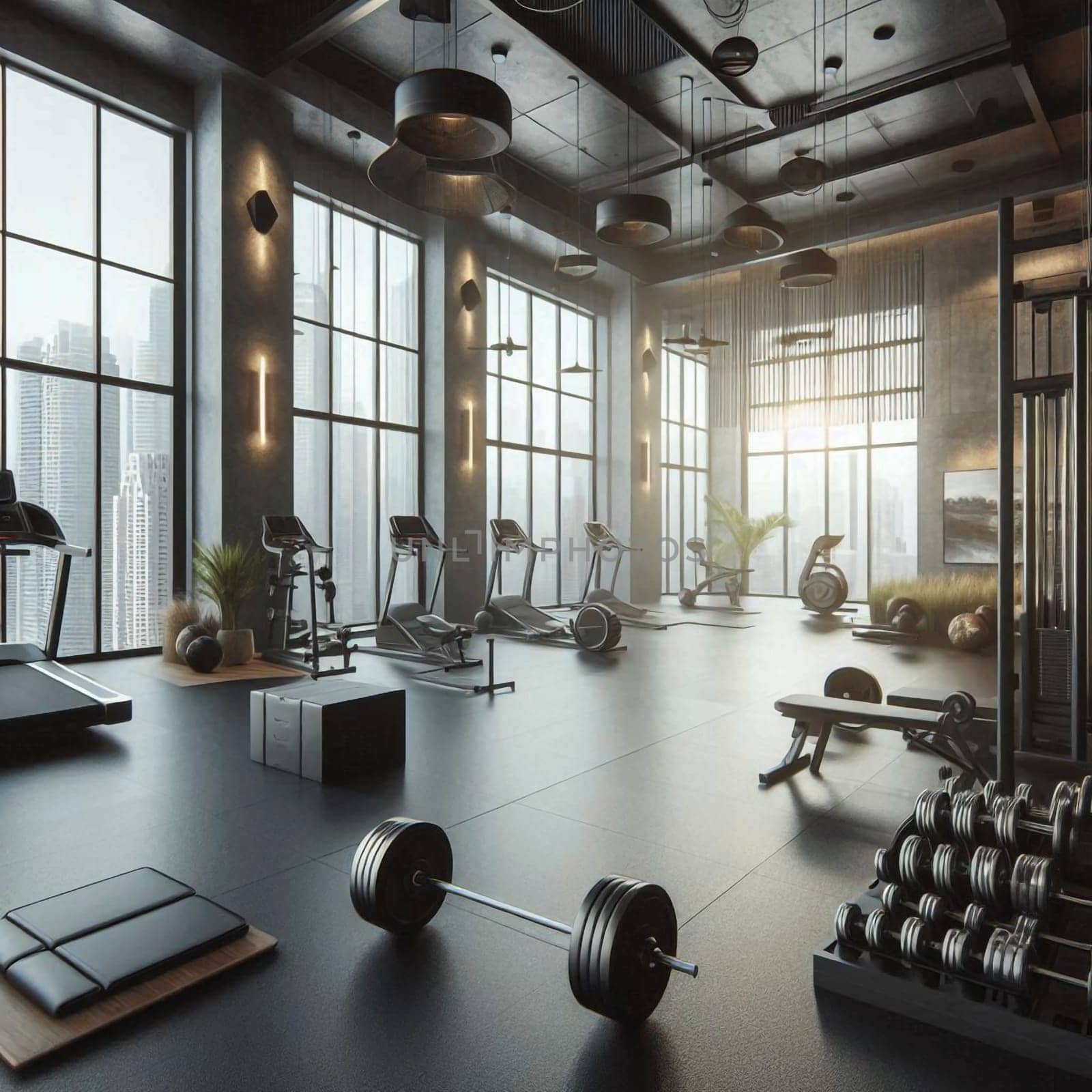A modern, minimalist gym with floor-to-ceiling windows overlooking a city skyline. The gym is equipped with state-of-the-art fitness equipment and has a sleek and stylish design. A high-quality AI-generated photo.