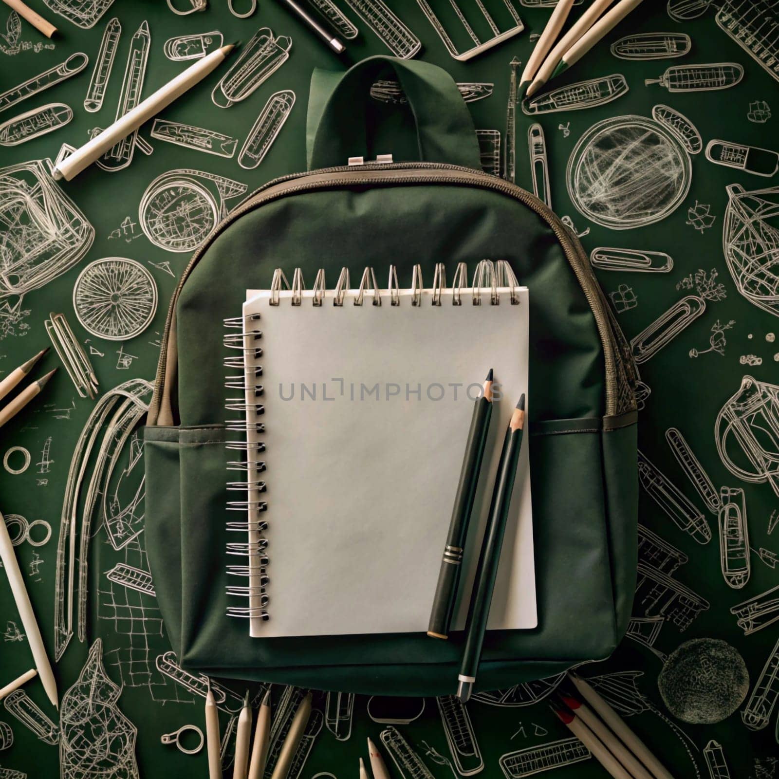 A green backpack with a notebook and pencils on top of it. The backpack is surrounded by a pattern of school supplies, creating a back-to-school vibe. A high-quality AI-generated photo.