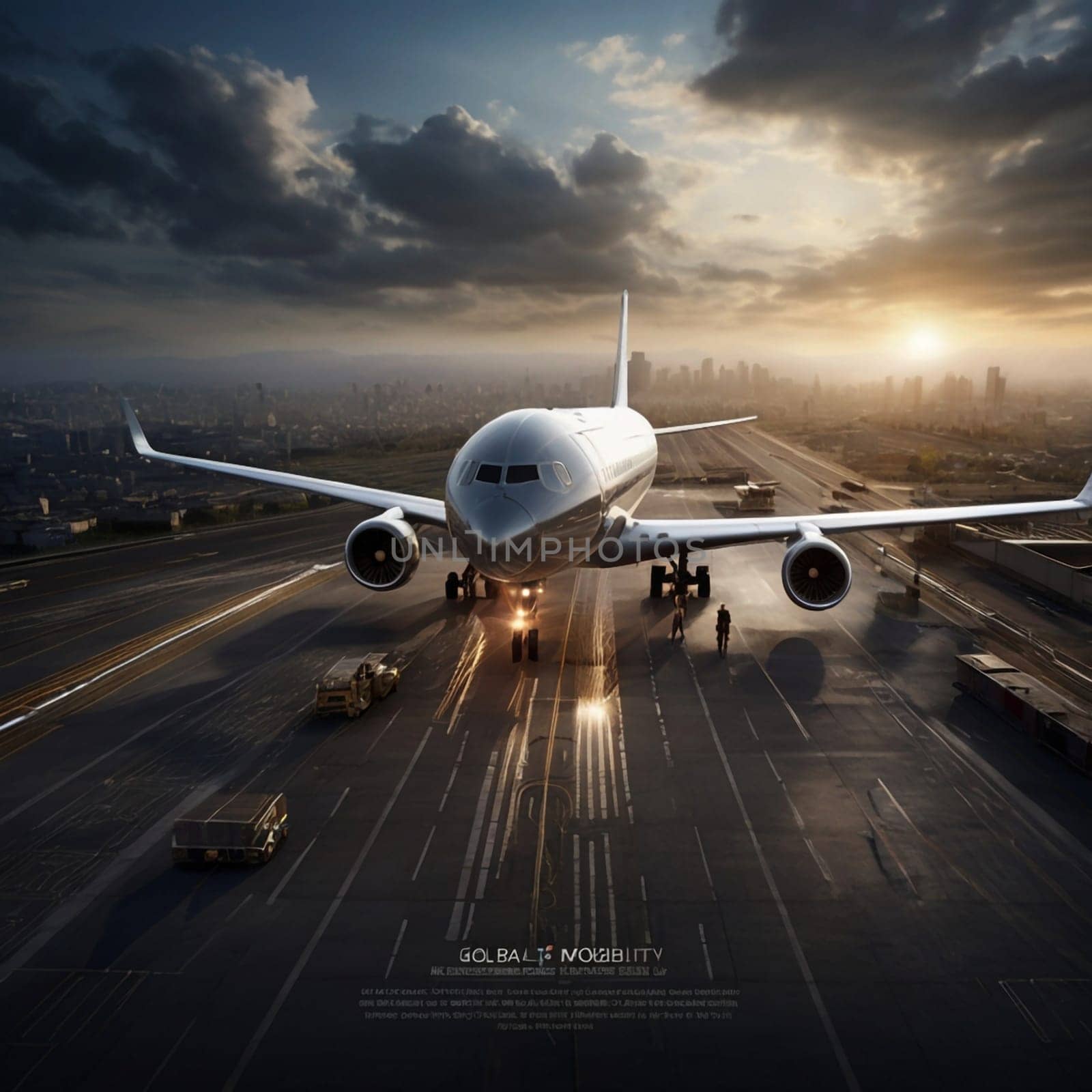 A commercial airplane taxiing on the runway at sunset, with a city skyline in the background. The scene emphasizes the power and grace of modern aviation. A high-quality AI-generated photo.