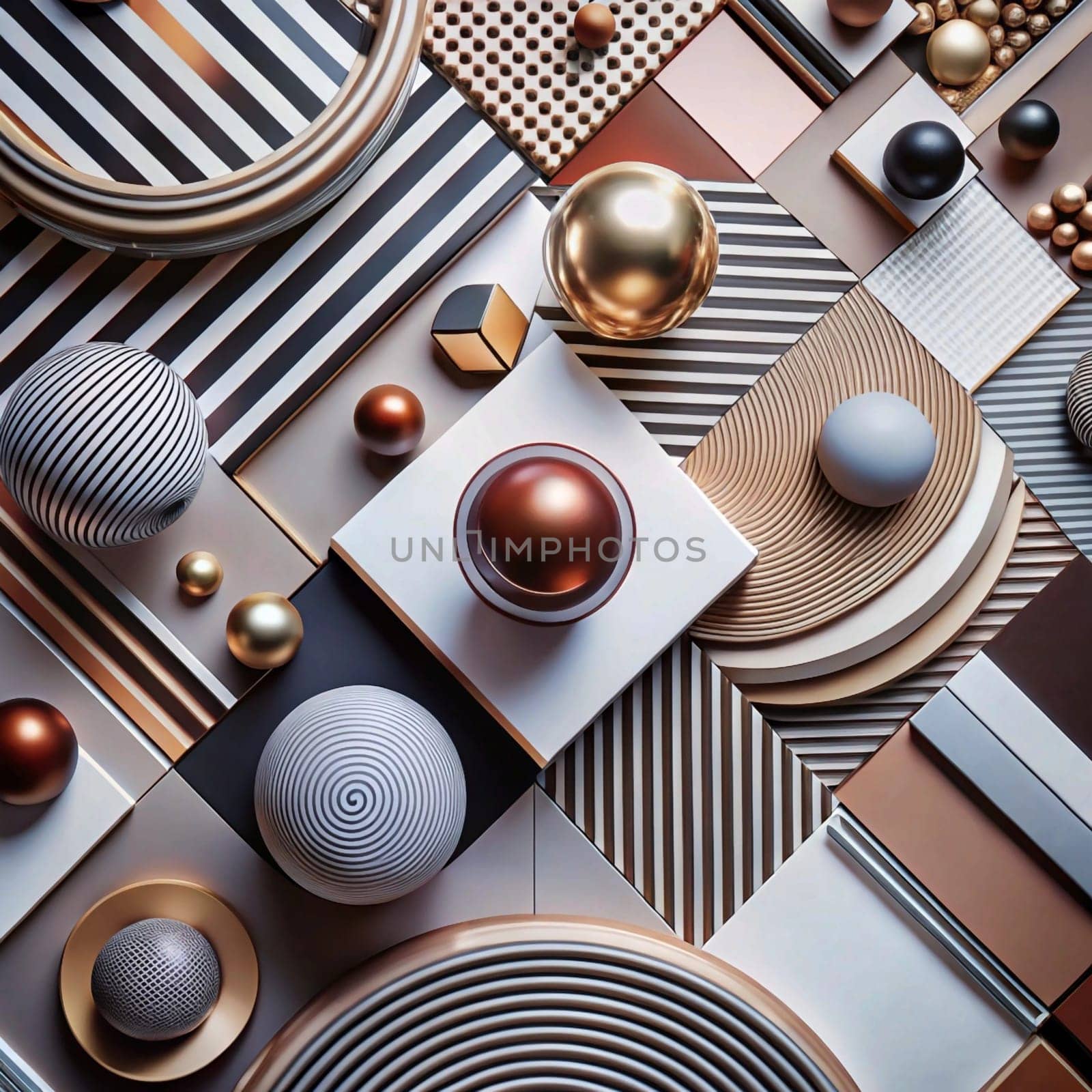 A composition of various geometric shapes, including spheres, cubes, and cylinders, arranged in a pattern on a background of textured surfaces. The scene is a study in geometric forms, color, and texture, creating a visually appealing and abstract composition. A high-quality AI-generated photo.