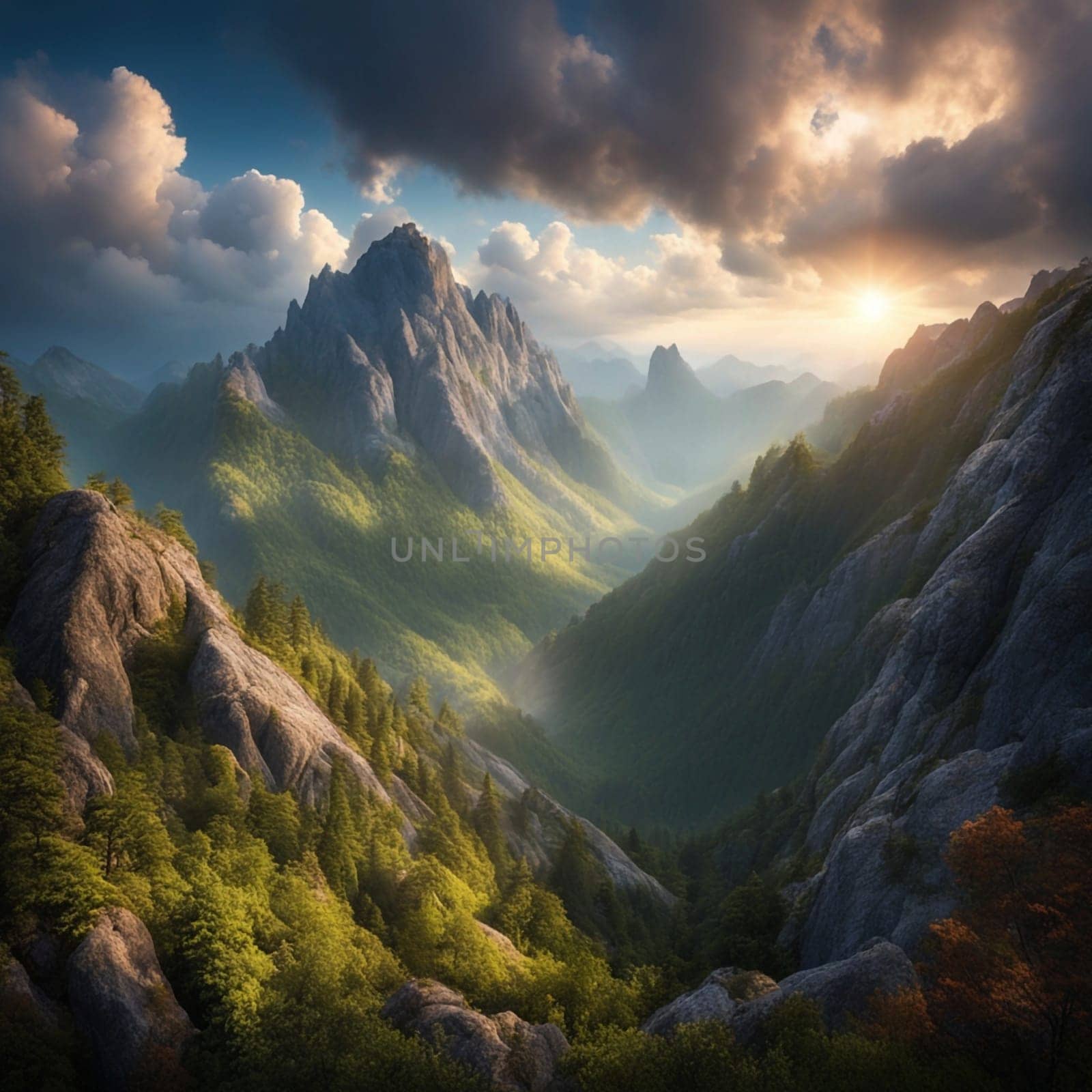 A panoramic view of a mountain range, with sharp peaks, lush forests, and a dramatic sky filled with clouds and a setting sun. The scene emphasizes the beauty and grandeur of nature. A high-quality AI-generated photo.