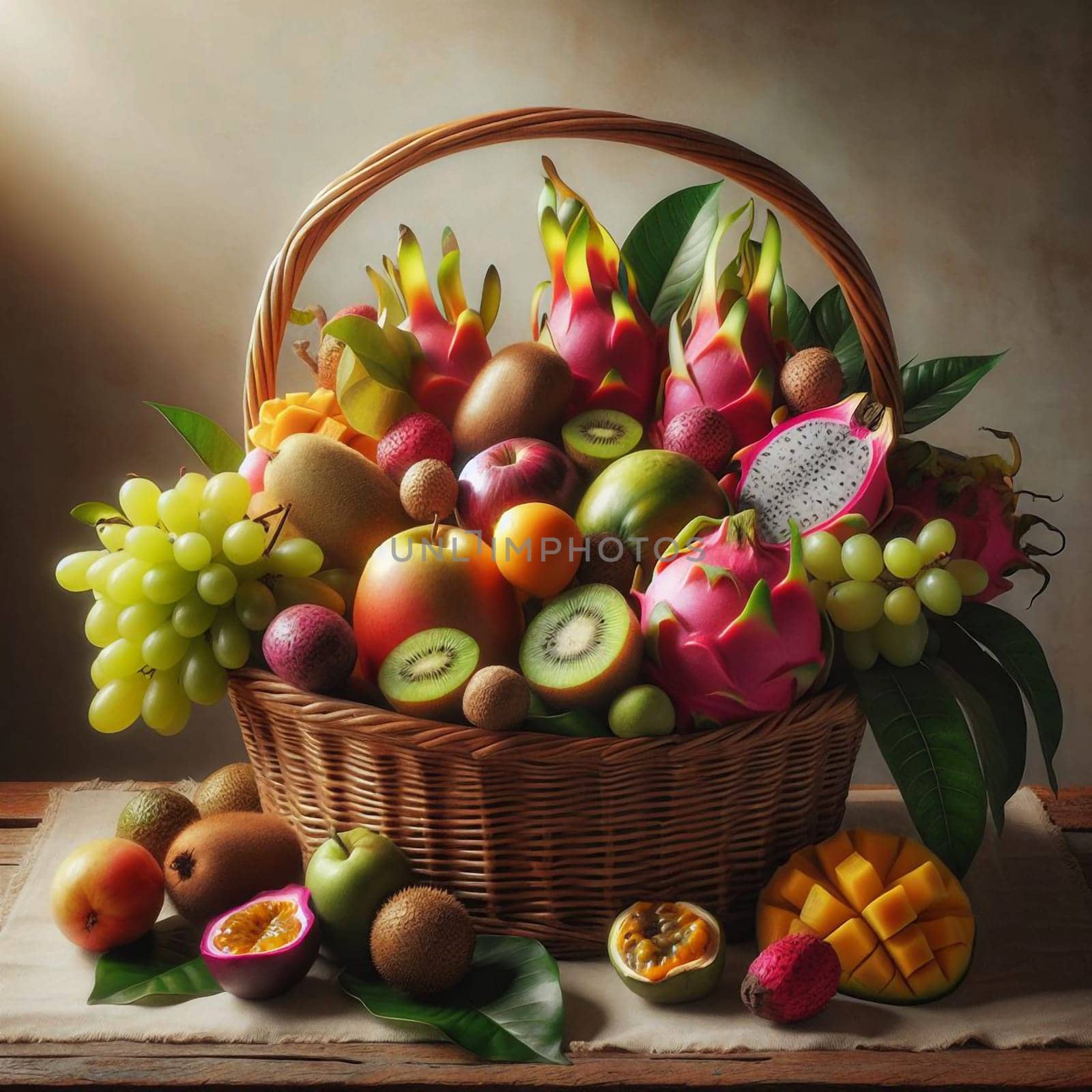 A wicker basket overflowing with a variety of fresh fruits, including dragon fruit, mango, kiwi, grapes, and apples. A high-quality AI-generated photo.