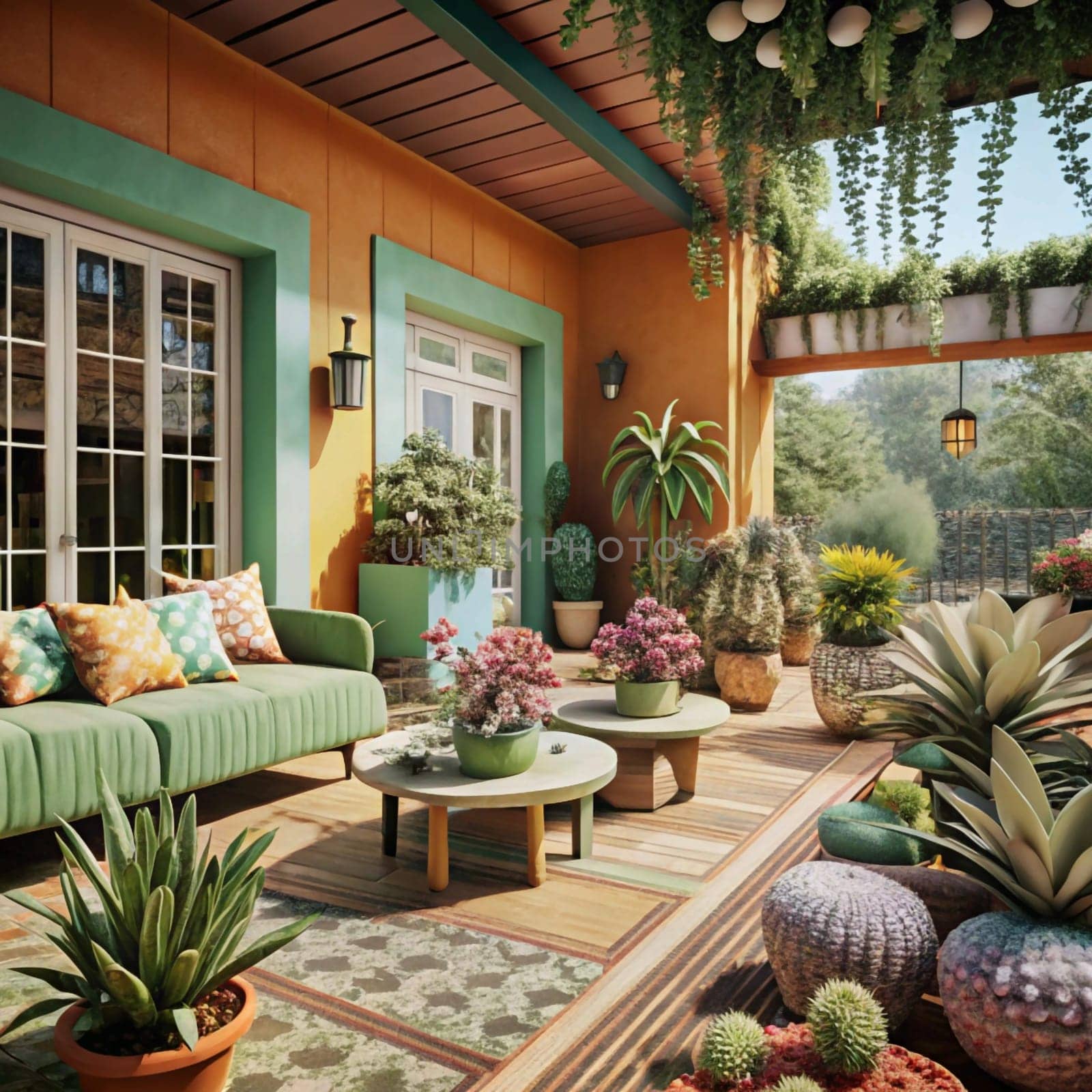 A colorful patio with a green couch, potted plants, and a wooden coffee table. The patio is decorated in a bohemian style, with a mix of patterns and textures. A high-quality AI-generated photo.