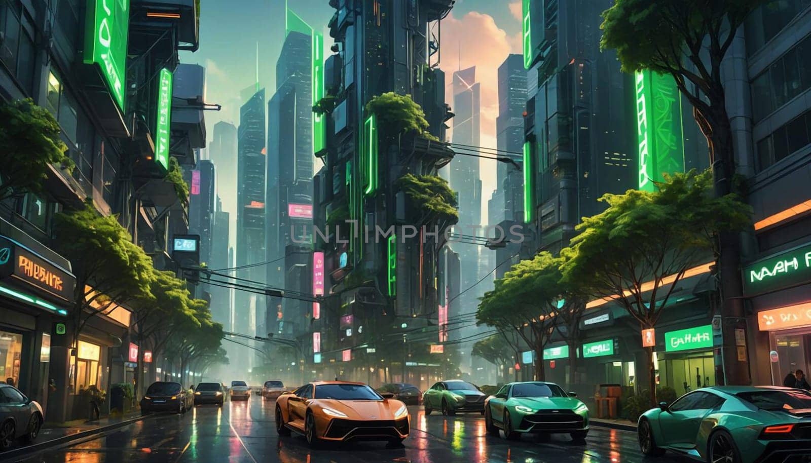 A futuristic cityscape with flying cars, glowing neon signs, and towering buildings. The city is a mix of technology and nature, creating a vibrant and dynamic environment. A high-quality AI-generated photo.