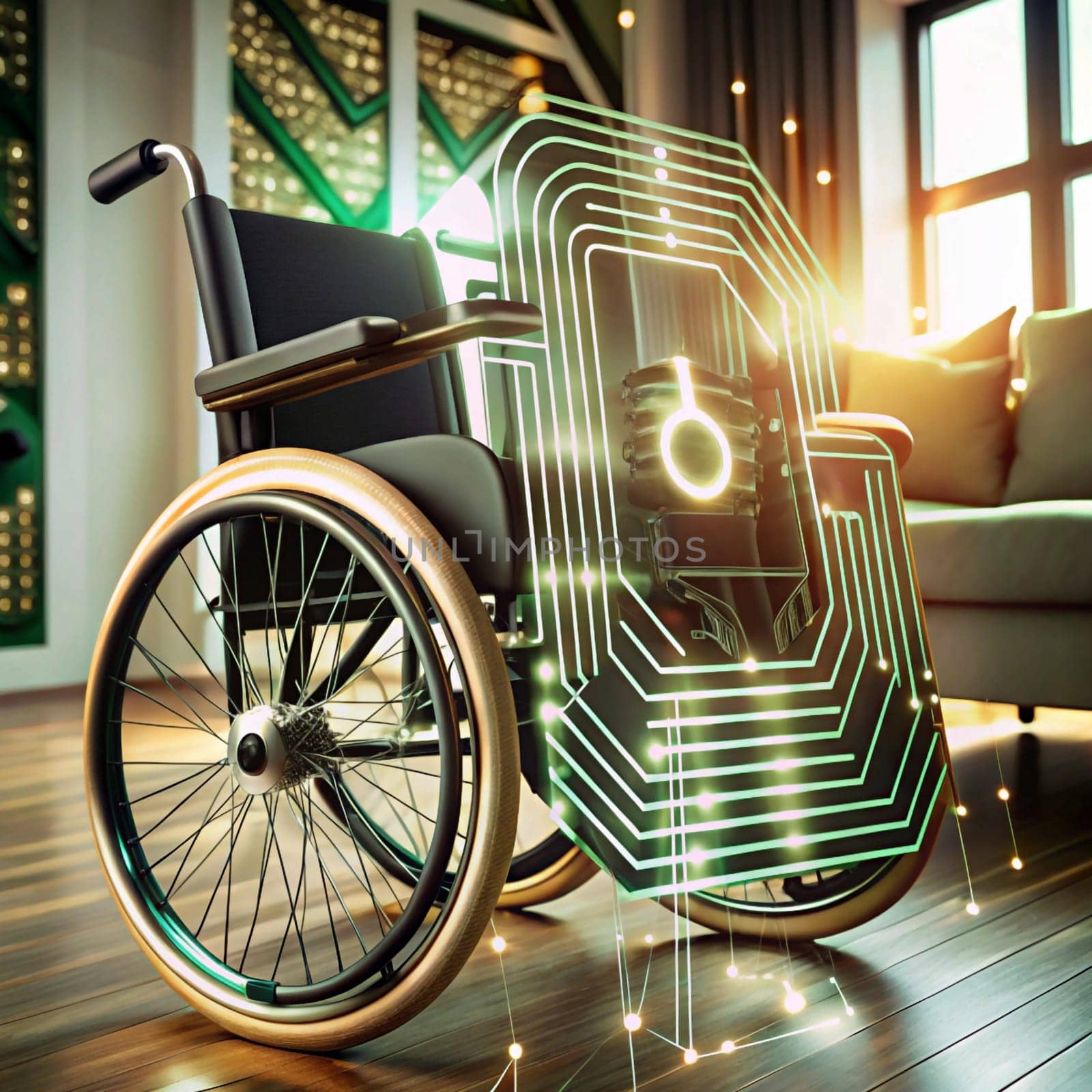 A wheelchair with a futuristic, transparent shield that incorporates circuit board patterns, suggesting the use of technology to enhance mobility and accessibility. The scene is set in a modern home environment, emphasizing the integration of technology into daily life. A high-quality AI-generated photo.