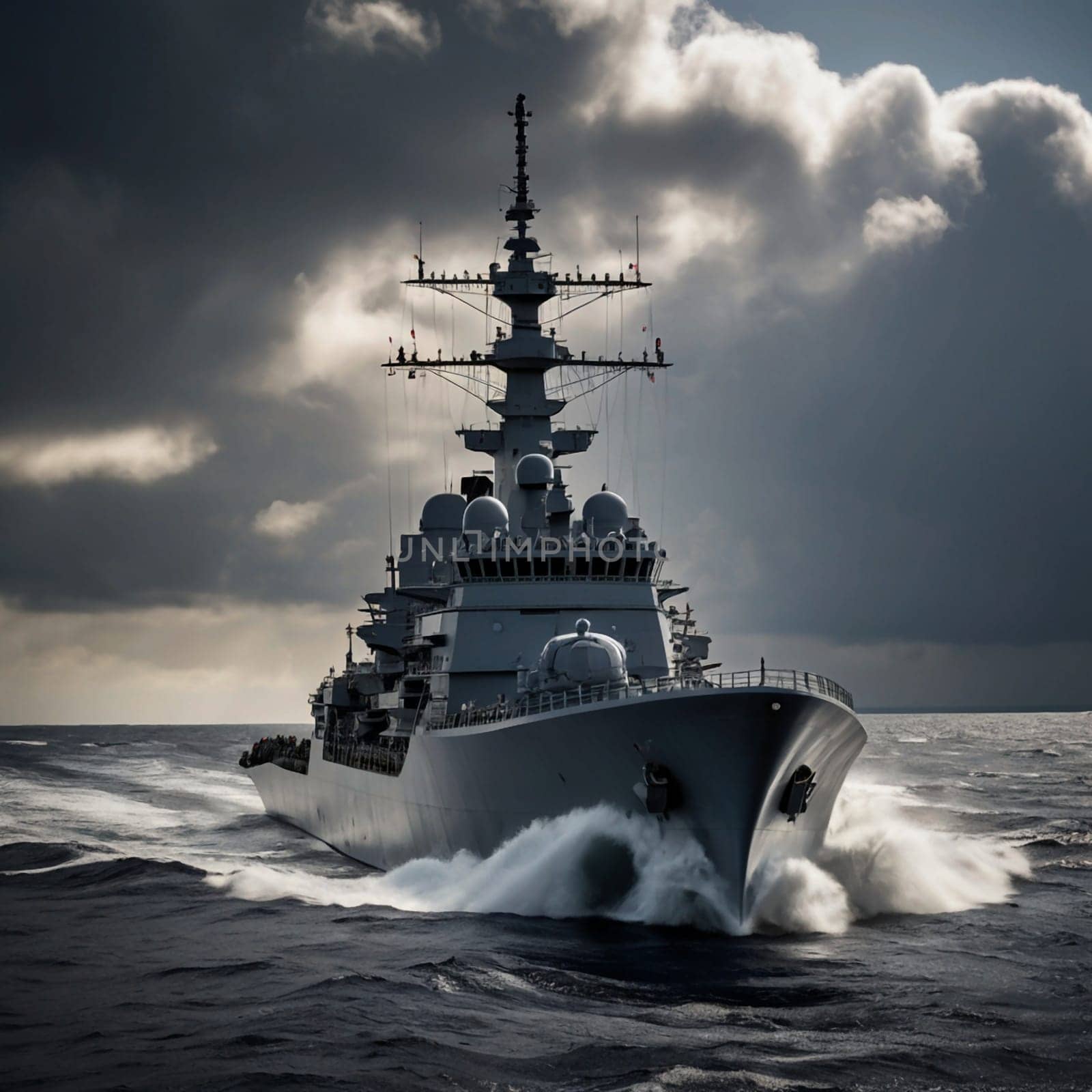 A military warship sails through choppy waters under a stormy sky. A high-quality AI-generated photo.