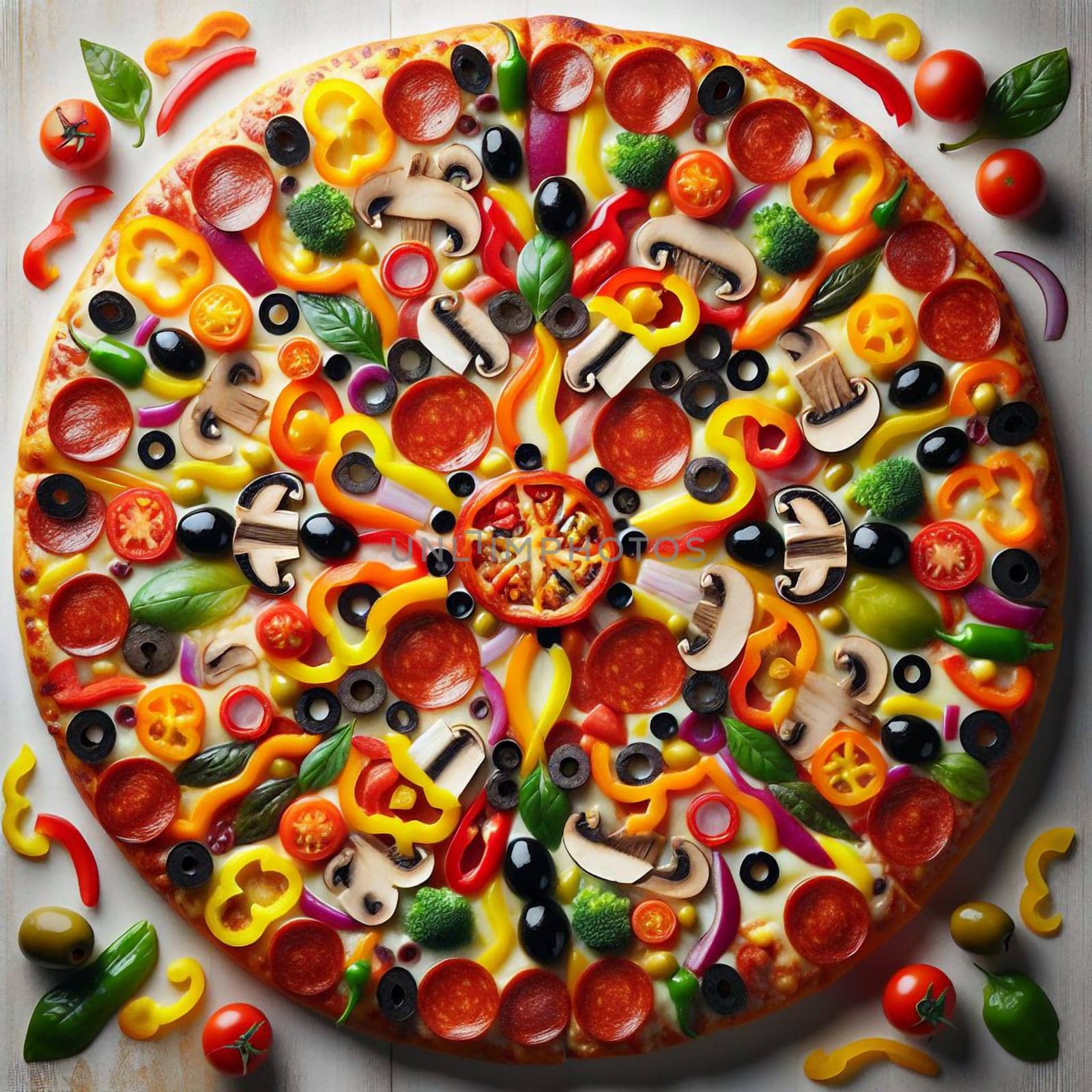 A pizza with a variety of toppings arranged in a radial pattern, resembling a mandala. The toppings include pepperoni, peppers, mushrooms, olives, and other vegetables, creating a visually appealing and delicious composition. A high-quality AI-generated photo.
