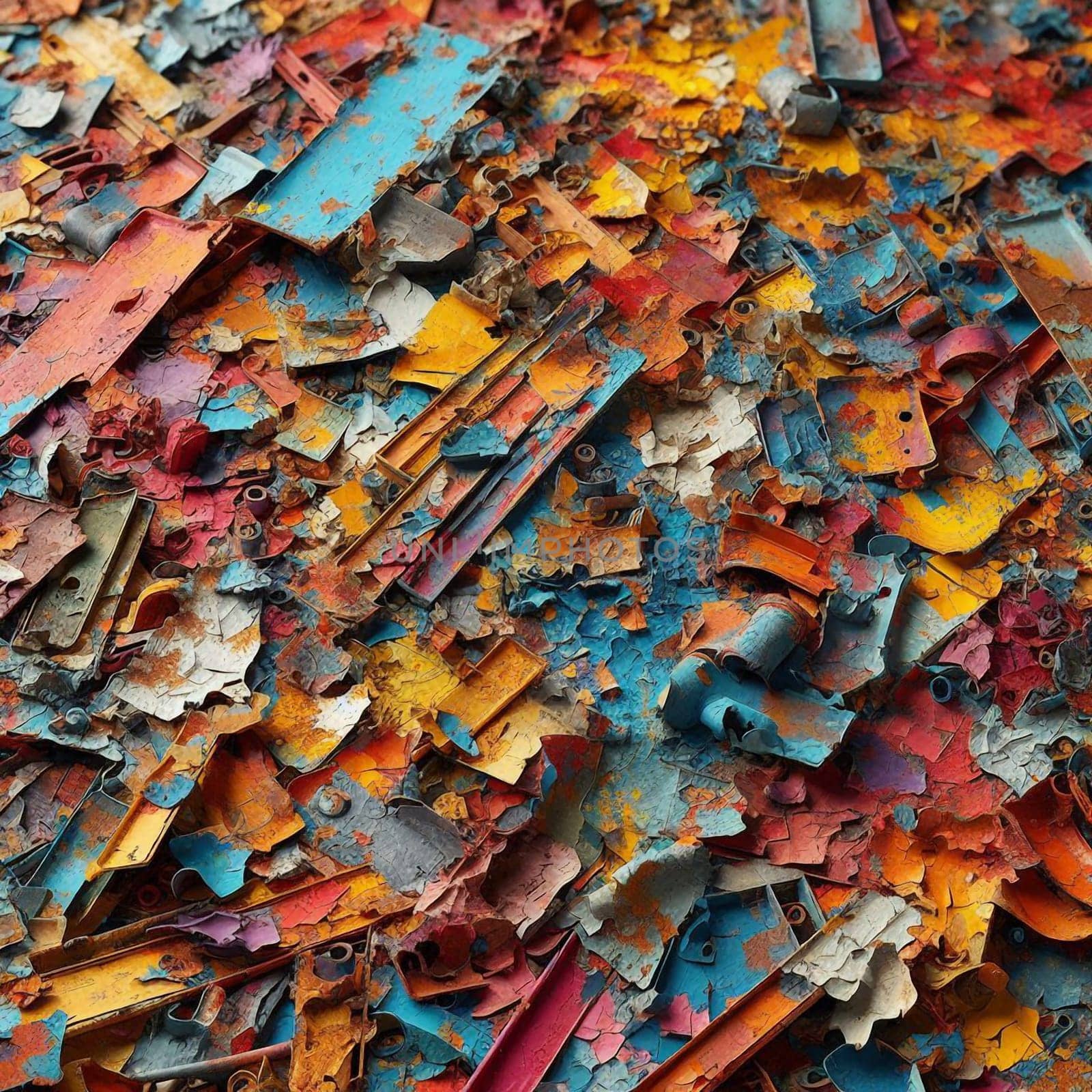 A close-up shot of a pile of colorful, rusty metal scraps. The scraps are arranged in a chaotic and abstract way, creating a sense of texture and depth. A high-quality AI-generated photo.