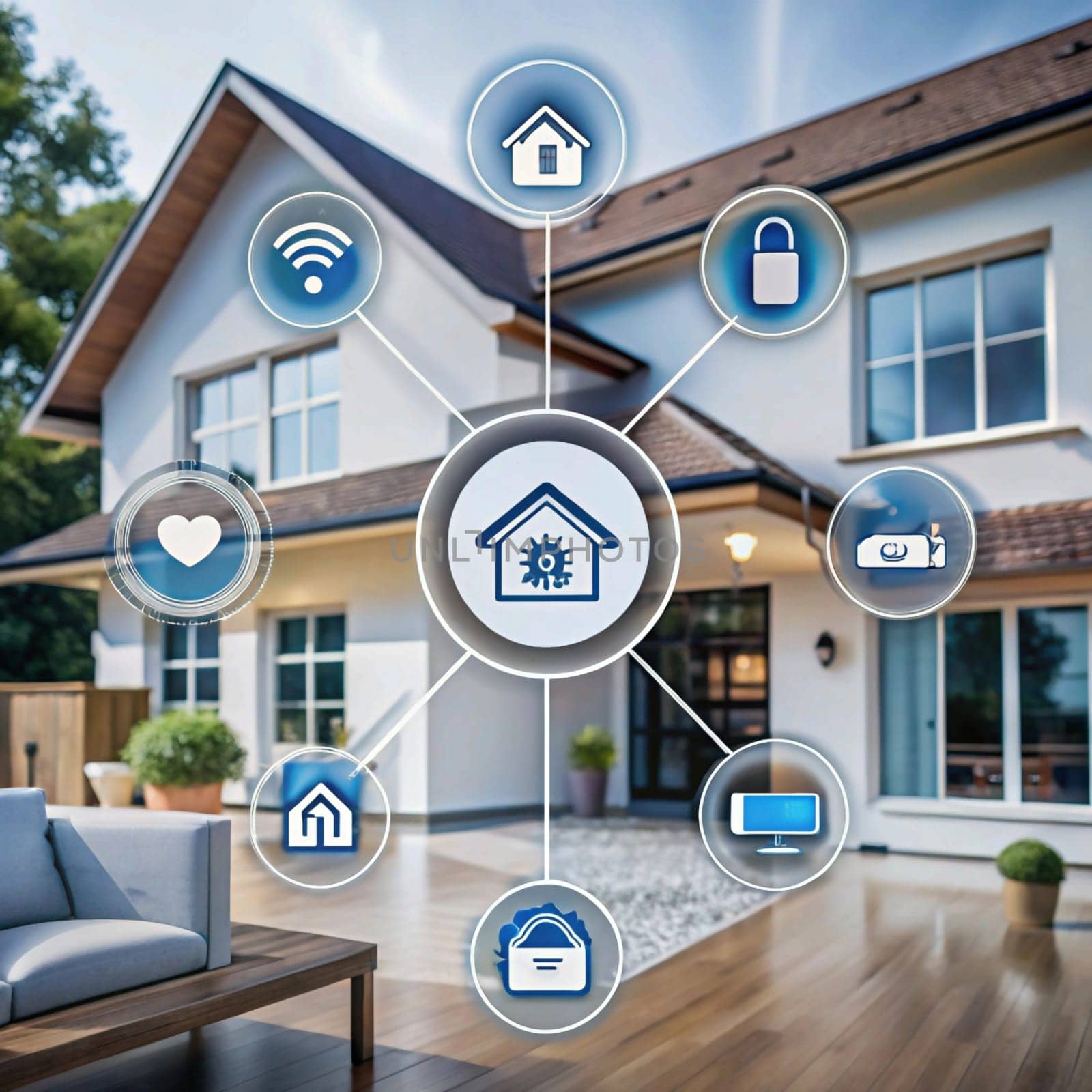 A smart home concept with icons of home automation features, displayed over a photo of a modern house. A high-quality AI-generated photo.