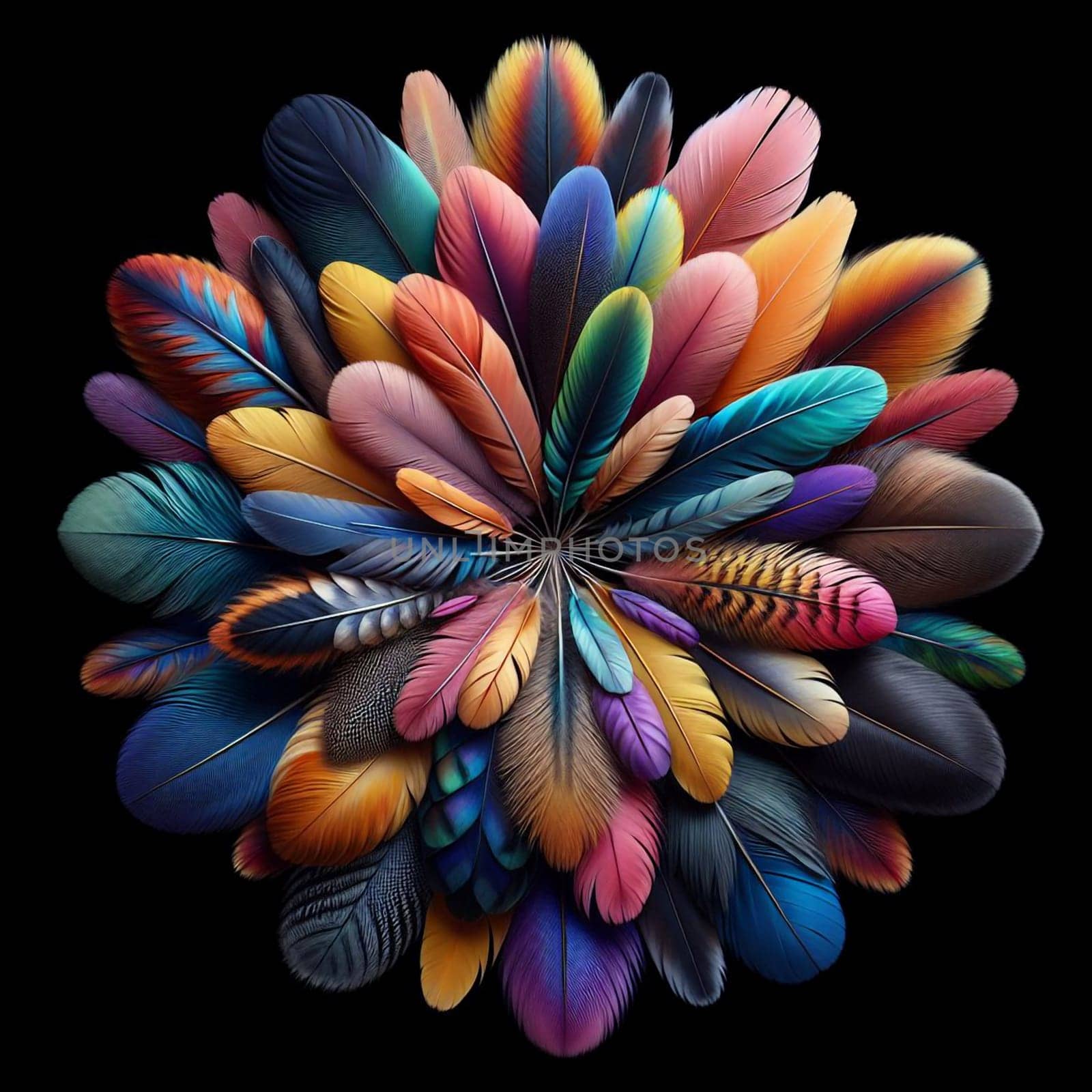 A colorful arrangement of feathers forming a circle on a black background. A high-quality AI-generated photo.