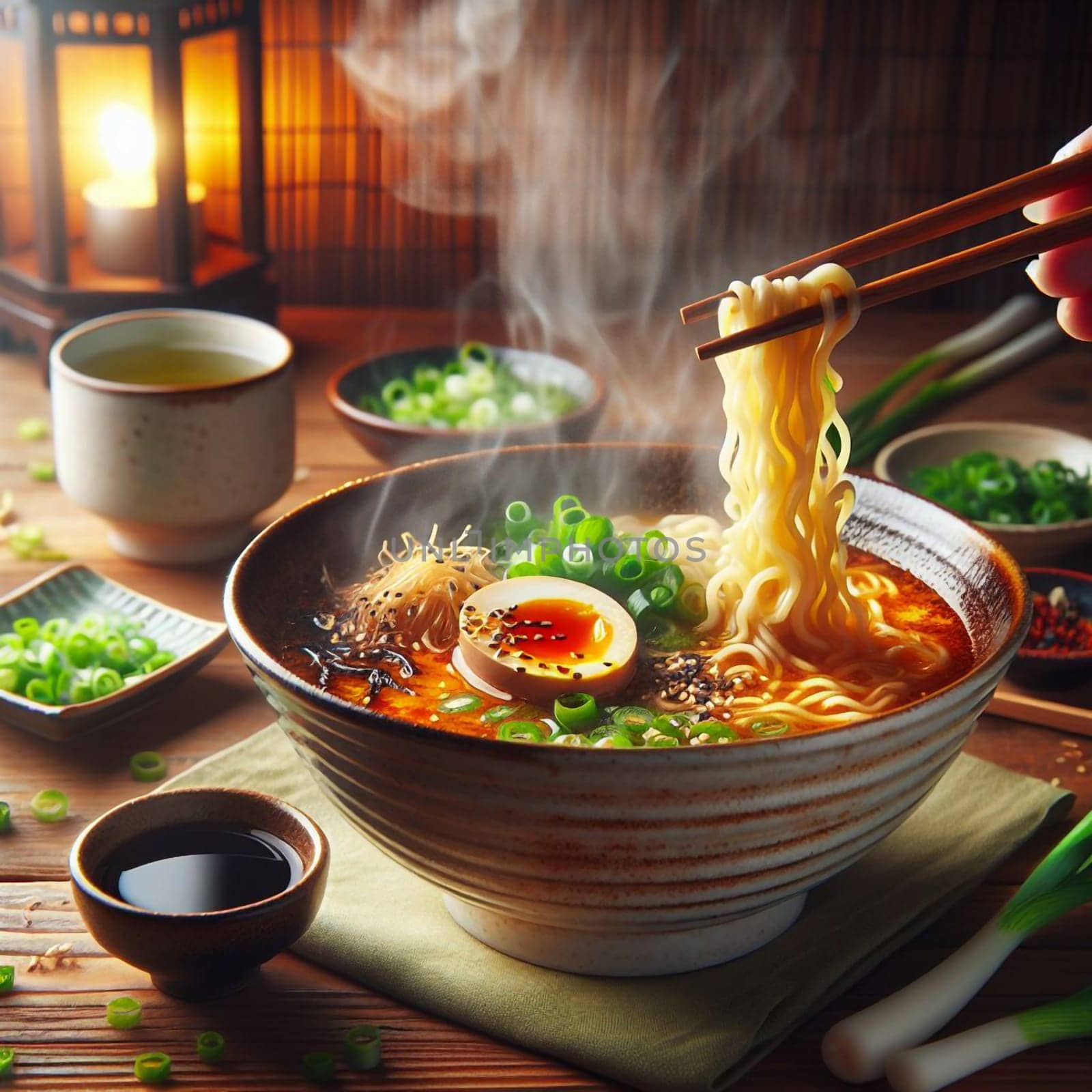 A bowl of steaming ramen noodles with an egg, seaweed, and green onions. A high-quality AI-generated photo.