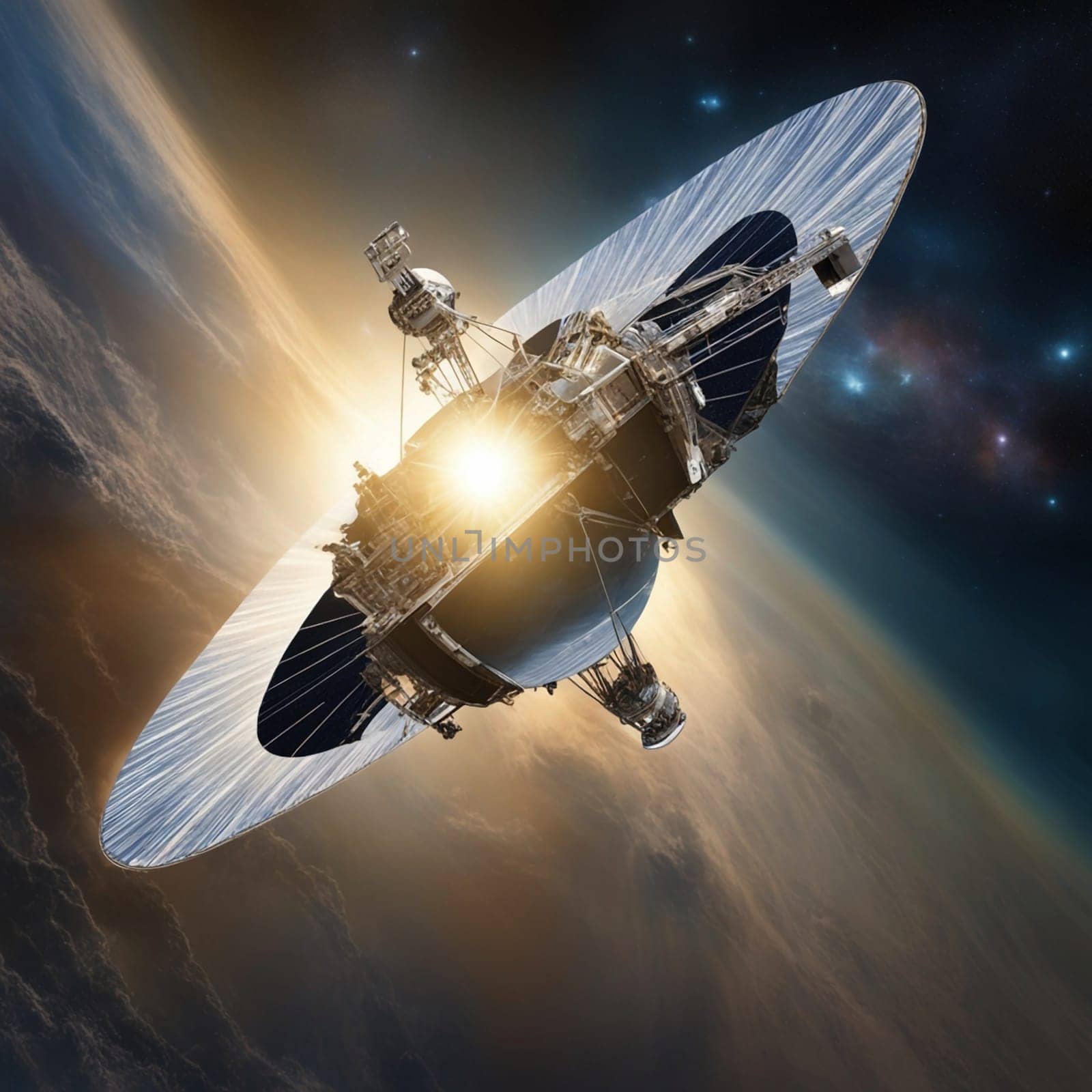 A satellite orbiting Earth against a background of stars and a glowing sun. The satellite is equipped with a large antenna, suggesting a connection to distant signals or communication networks. A high-quality AI-generated photo.