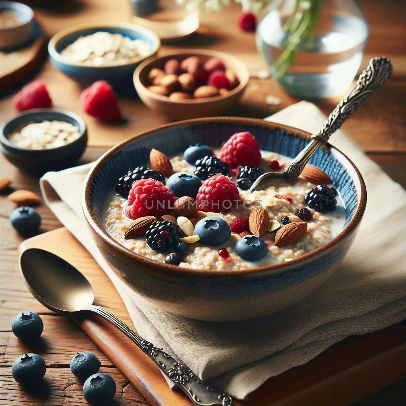 A bowl of oatmeal topped with fresh berries, almonds, and milk. A high-quality AI-generated photo.