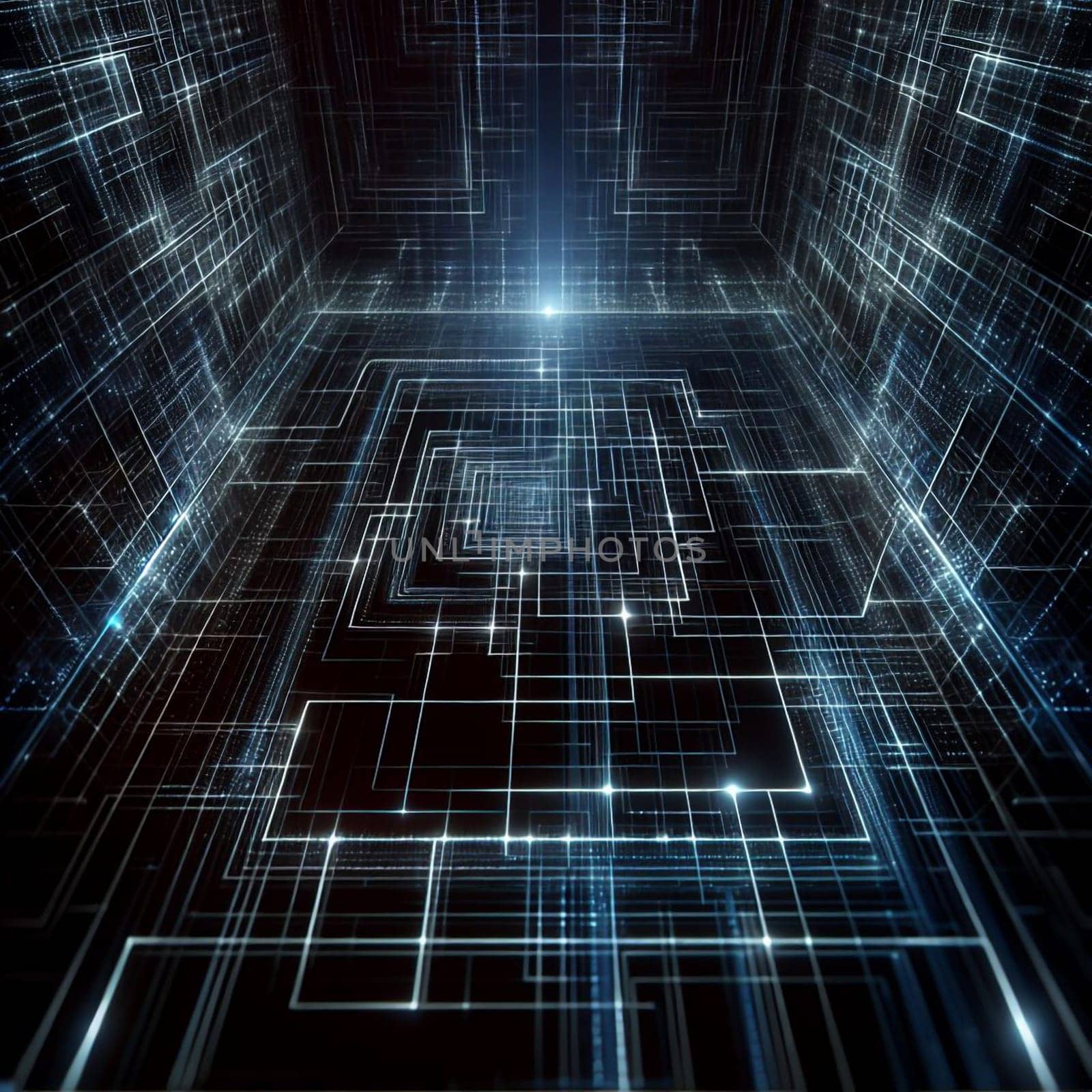A 3D illustration of a digital network of glowing lines and dots on a dark background. A high-quality AI-generated photo.