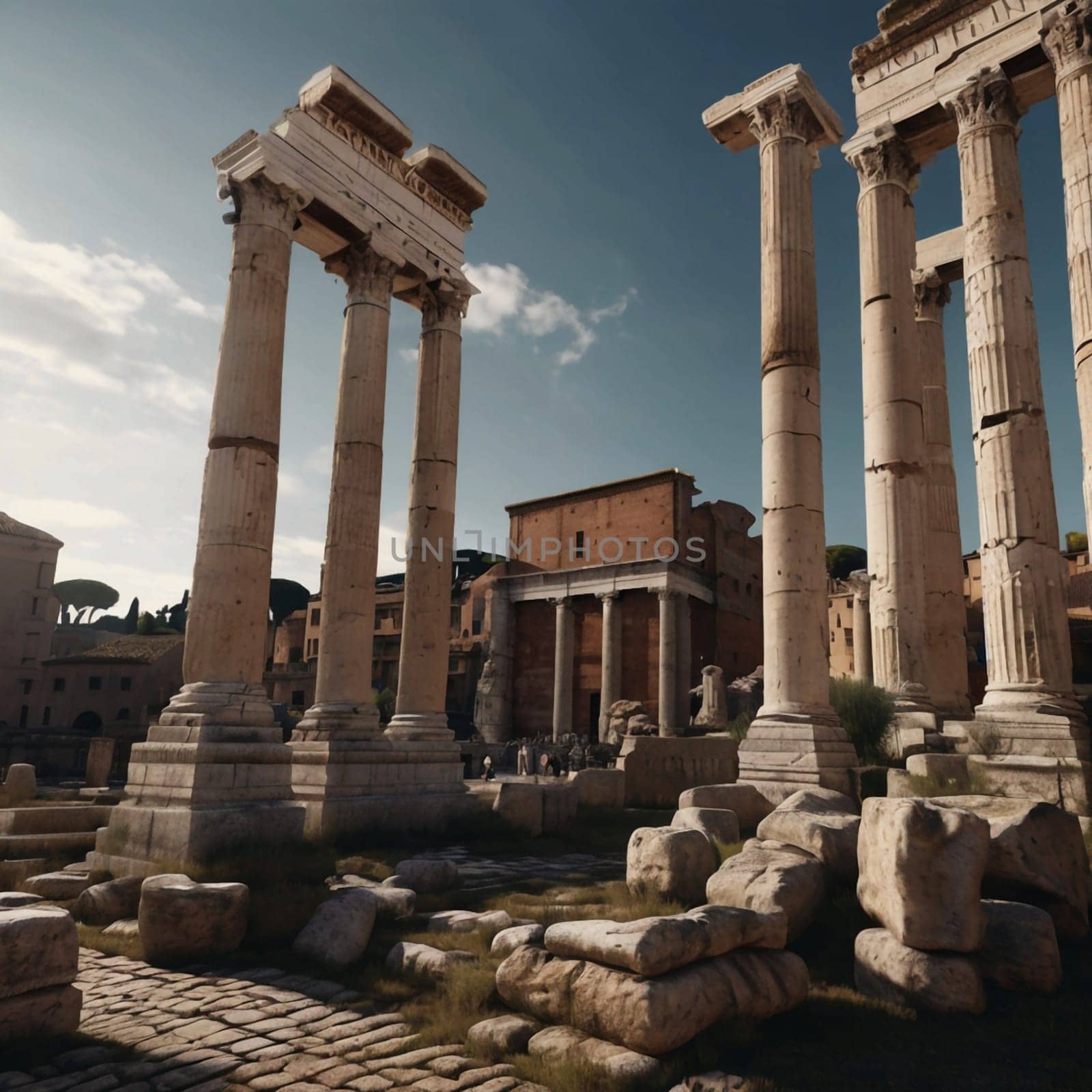 A view of the Roman Forum with ruins of ancient columns and buildings. A high-quality AI-generated photo.