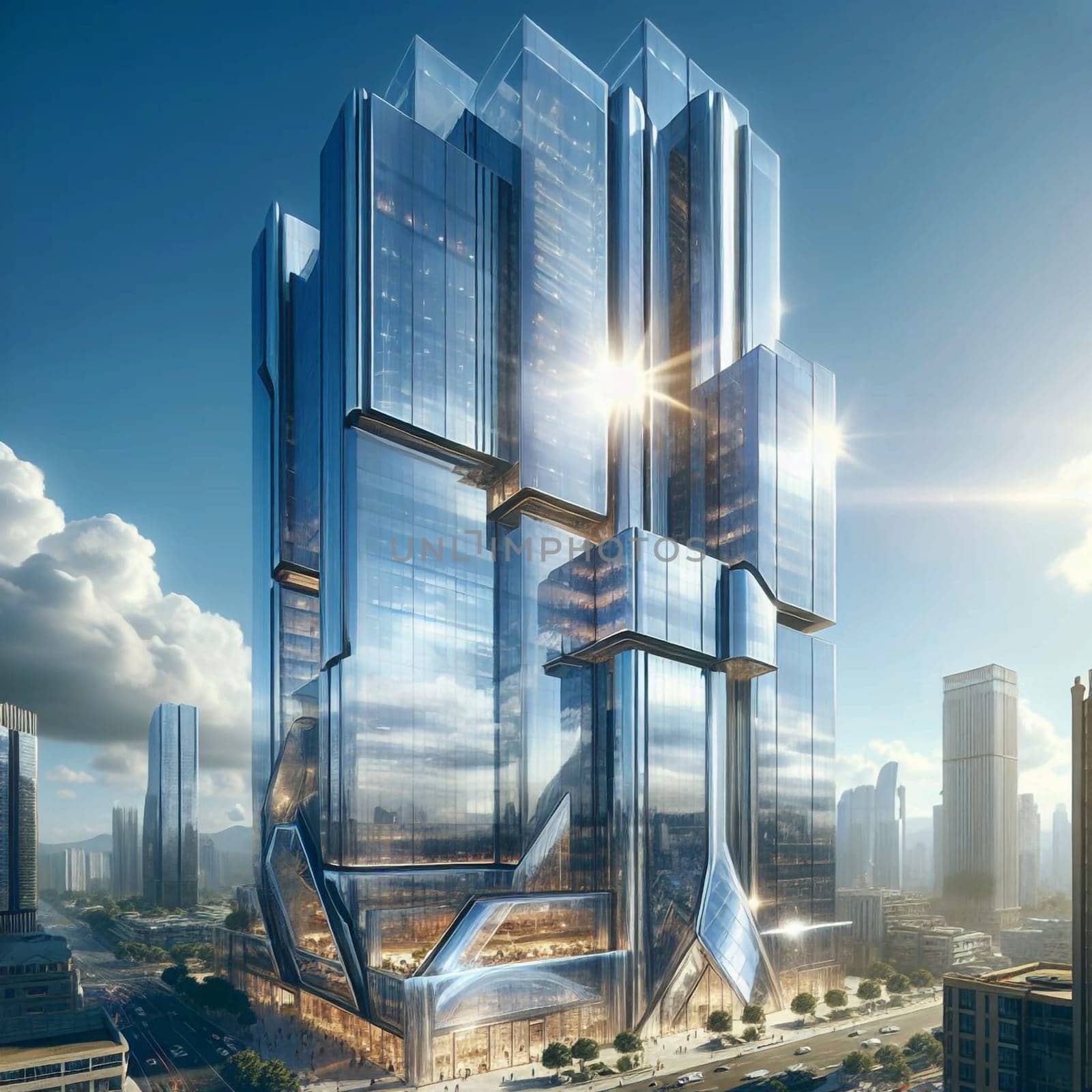 A tall, modern skyscraper with a unique, geometric design, set against a clear blue sky. A high-quality AI-generated photo.