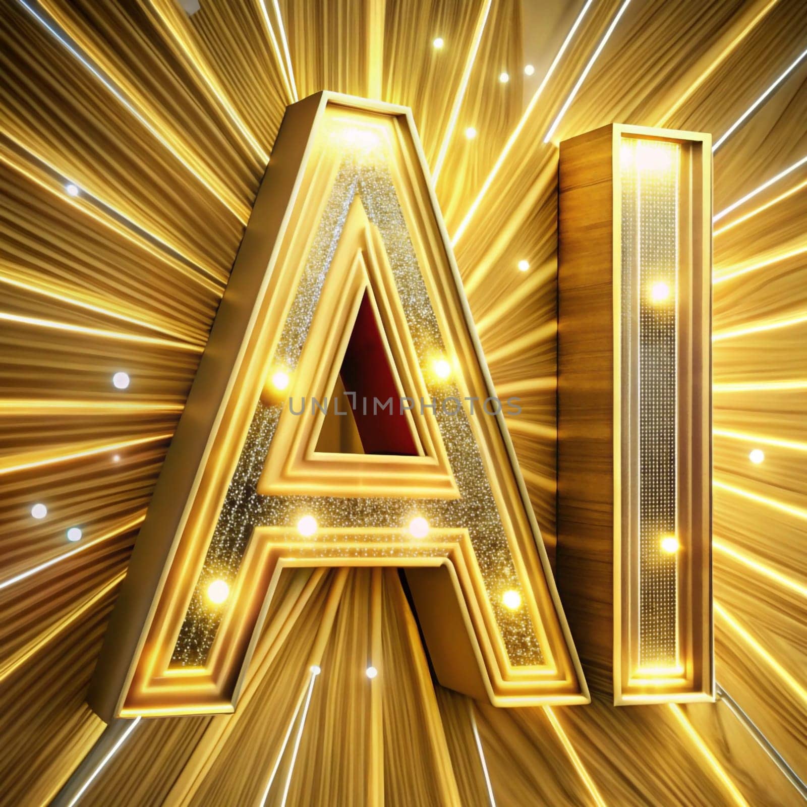 The letters "AI"" made of gold with light bulbs and light bulbs and glitter, set against a golden, starburst background. A high-quality AI-generated photo."