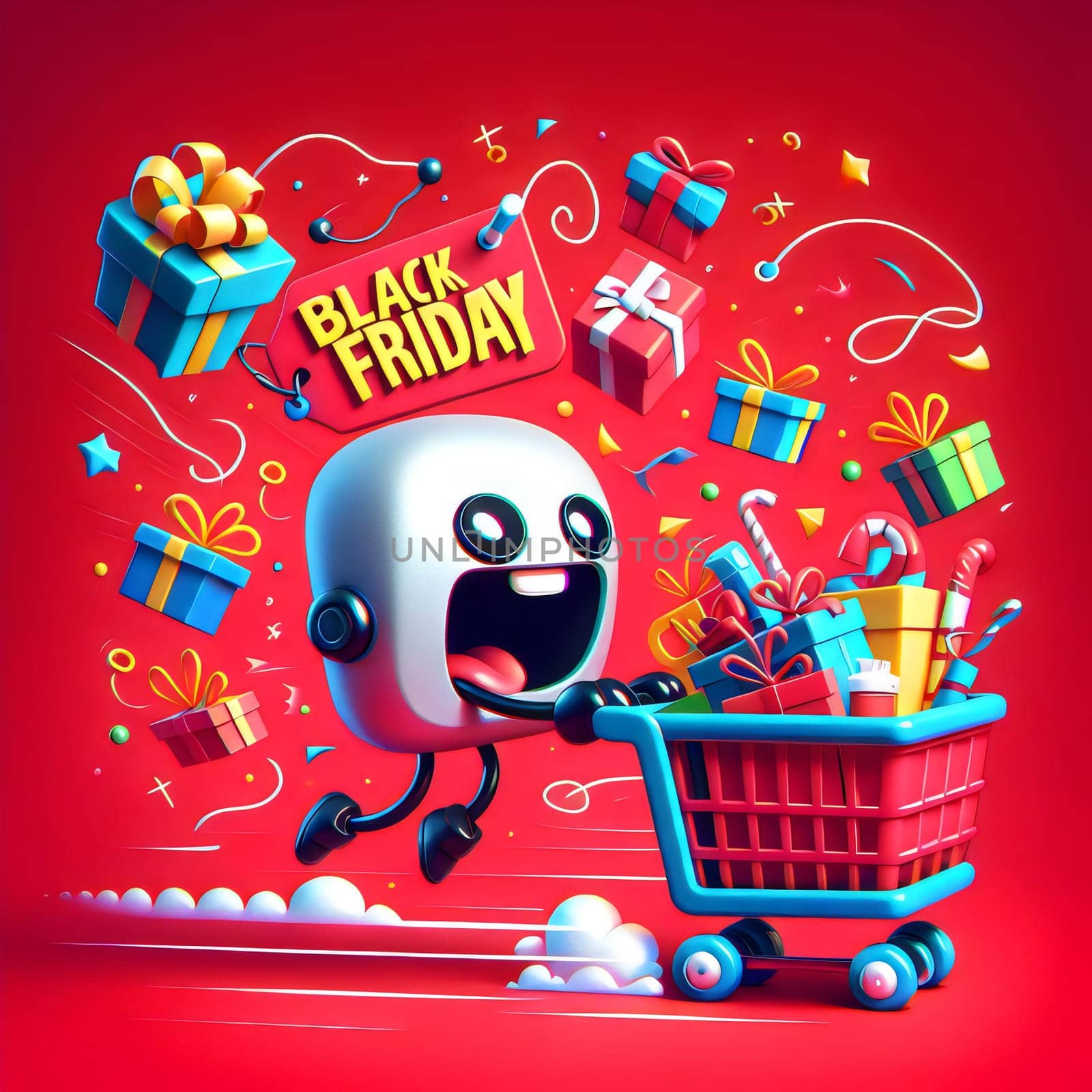 A cartoon-like robot pushes a shopping cart full of gifts, with the words "Black Friday"" on a tag. A high-quality AI-generated photo."