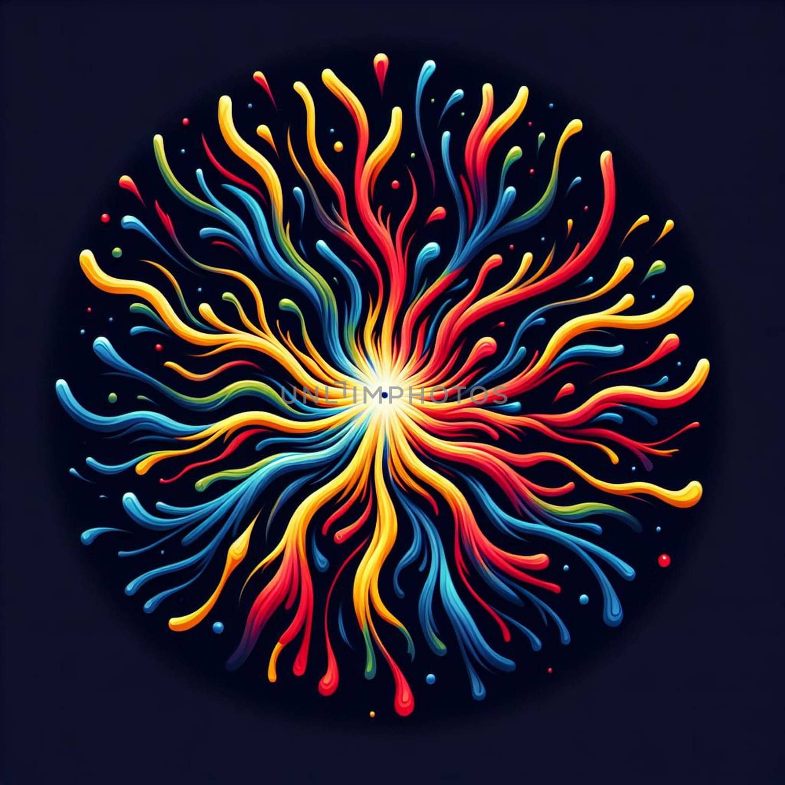 Abstract design of vibrant, colorful, liquid-like shapes radiating from a central point, resembling a flower or a firework. The colors are bold and dynamic, creating a visually striking and abstract composition. A high-quality AI-generated photo.