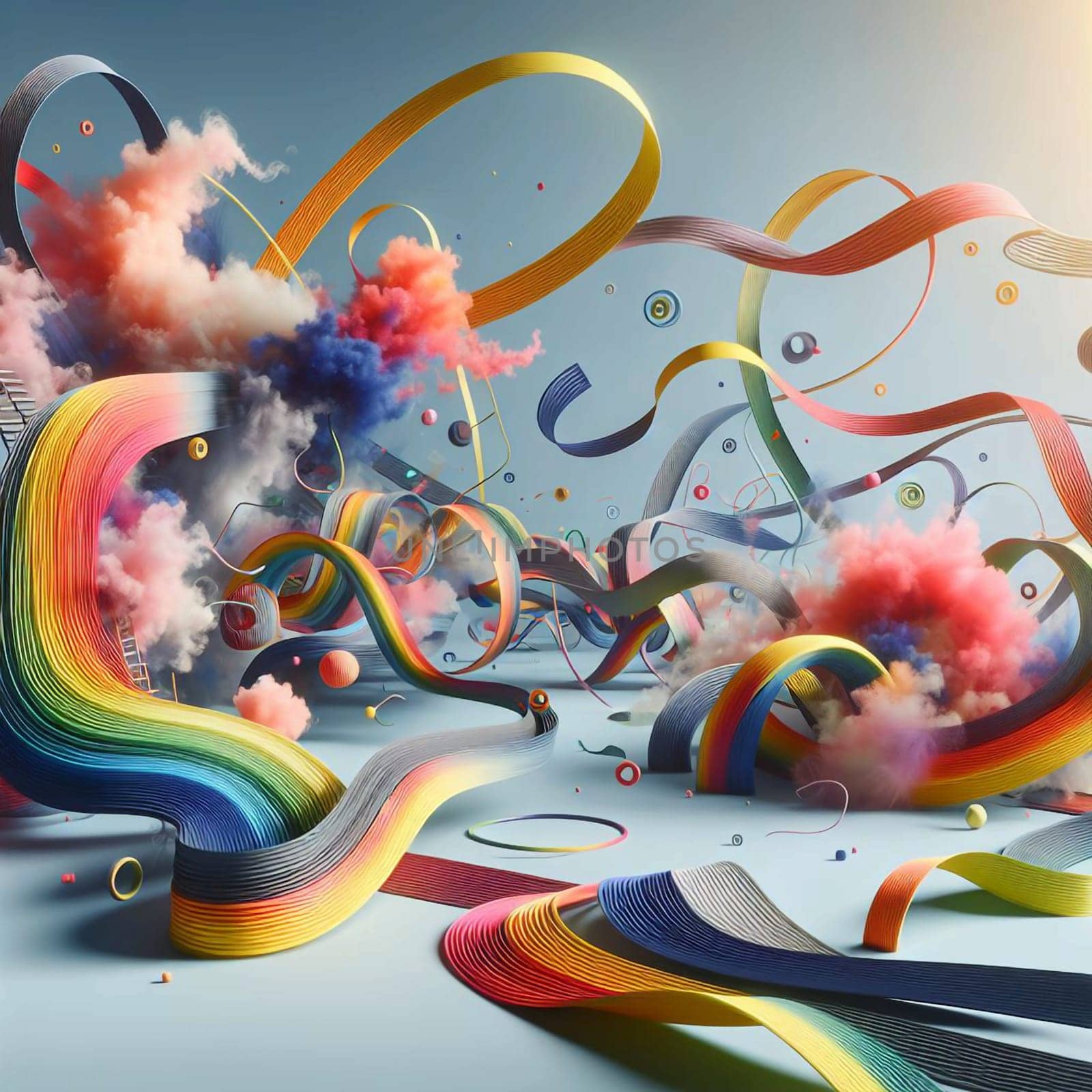 Abstract 3D illustration of colorful, swirling ribbons and spheres floating in a blue, cloud-filled space. The scene is whimsical and playful, creating a sense of movement and imagination. A high-quality AI-generated photo.
