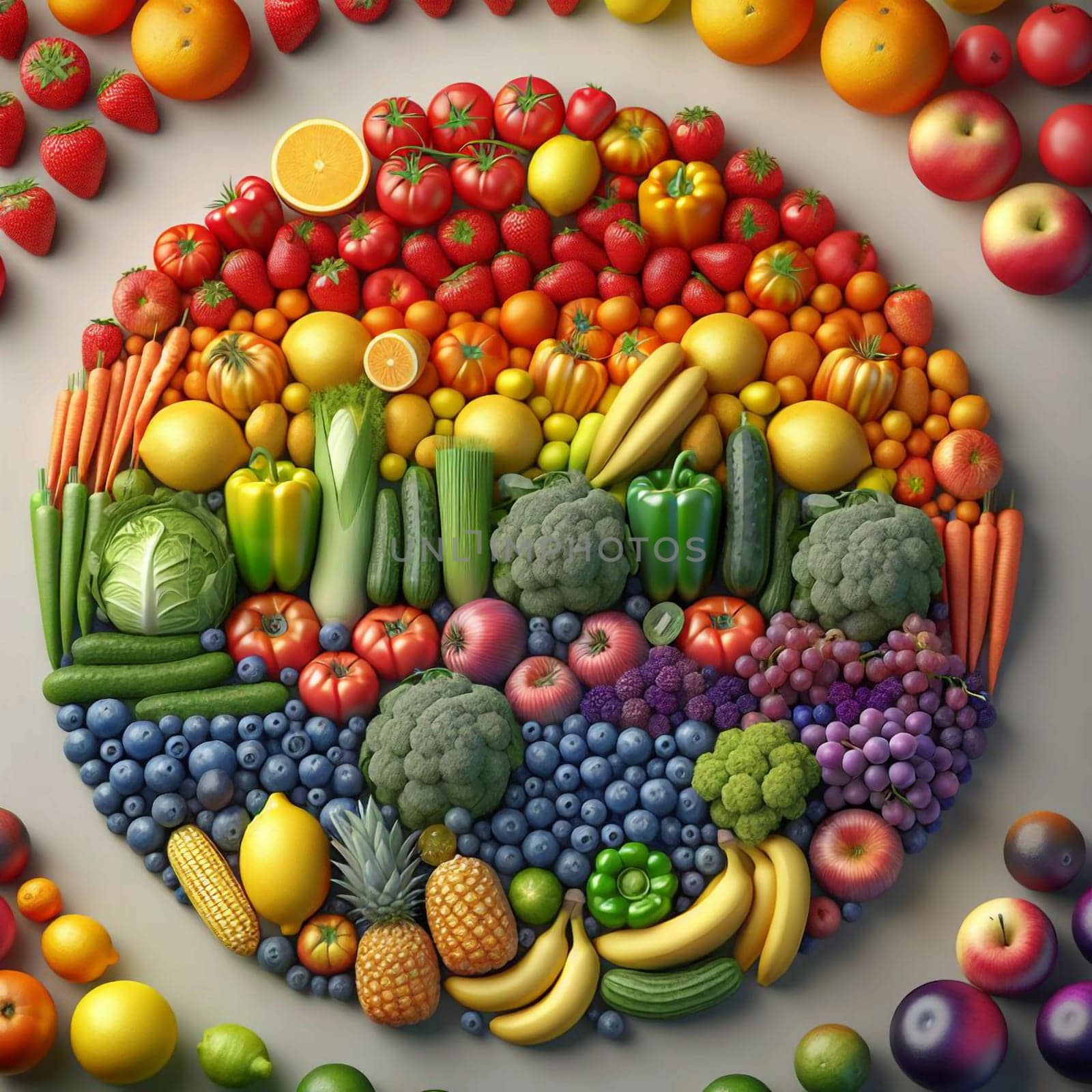 A colorful and vibrant arrangement of fruits and vegetables, forming a circle on a gray background. The arrangement represents a rainbow of colors, emphasizing the importance of healthy eating and a balanced diet. A high-quality AI-generated photo.