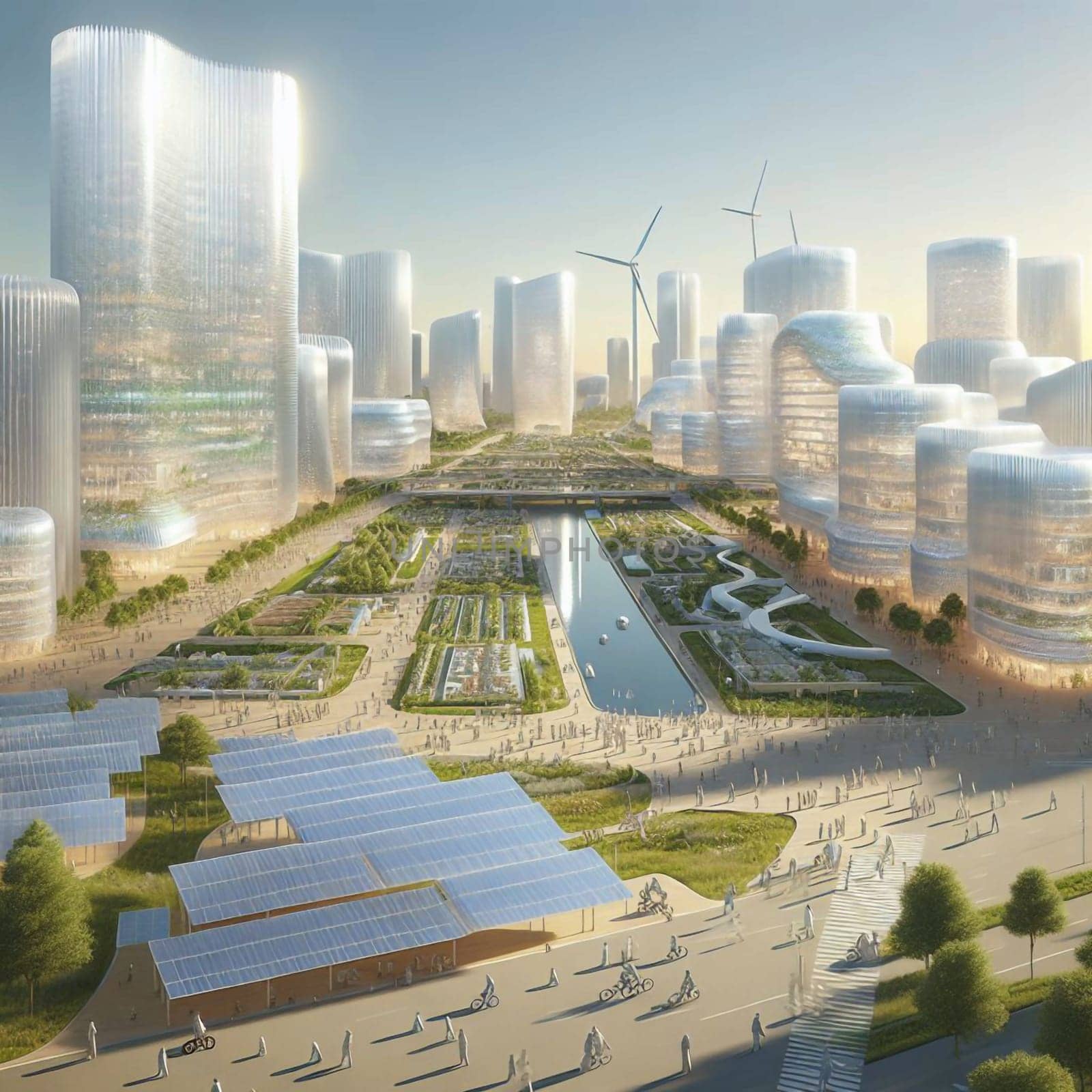 A futuristic cityscape with tall buildings, a central park, a river, and people walking and cycling. The scene is bathed in warm sunlight, emphasizing the sustainable and harmonious design of the city. A high-quality AI-generated photo.