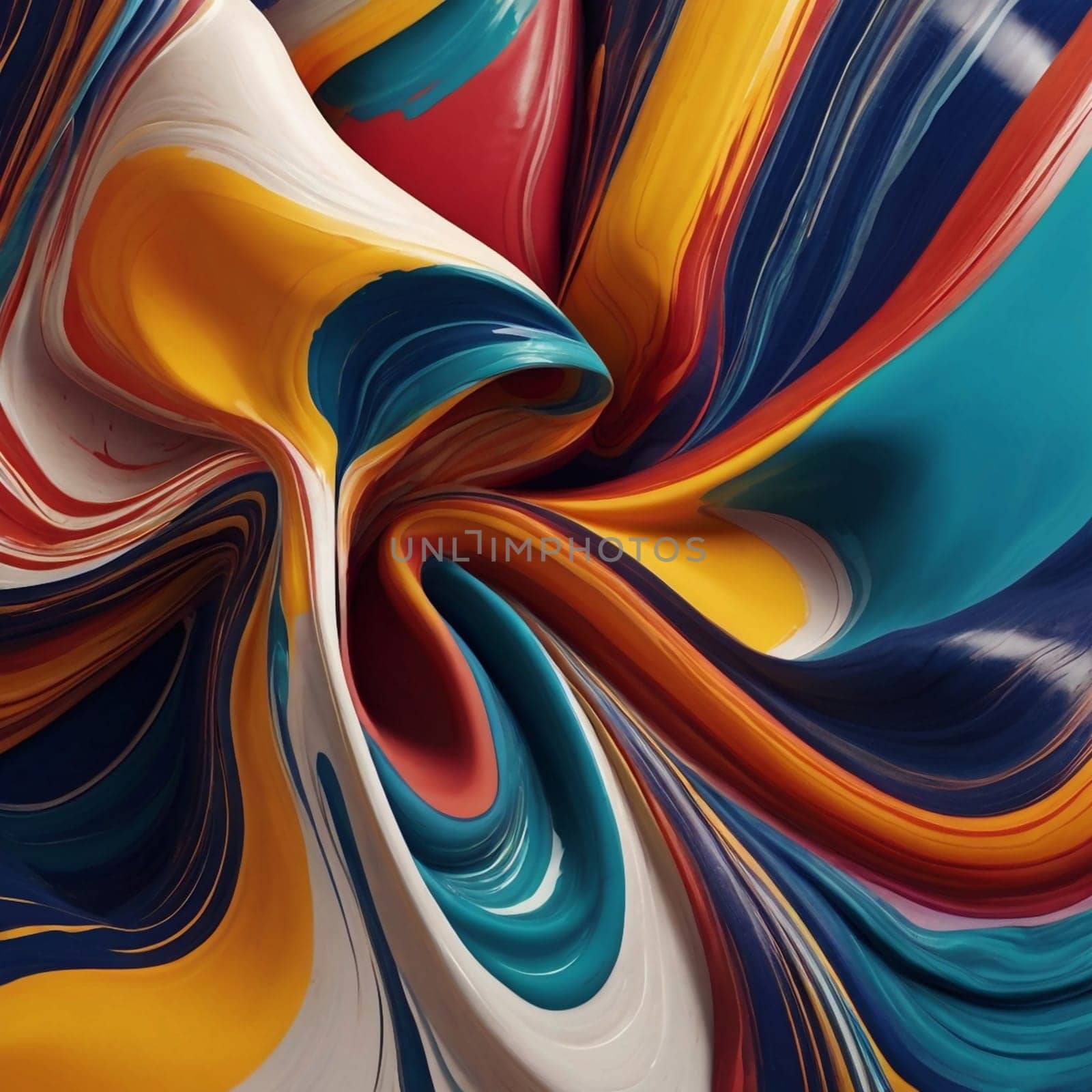 Abstract image of swirling, iridescent colors in shades of blue, teal, purple, orange, and yellow. The colors blend and flow, creating a dynamic and fluid effect. A high-quality AI-generated photo.