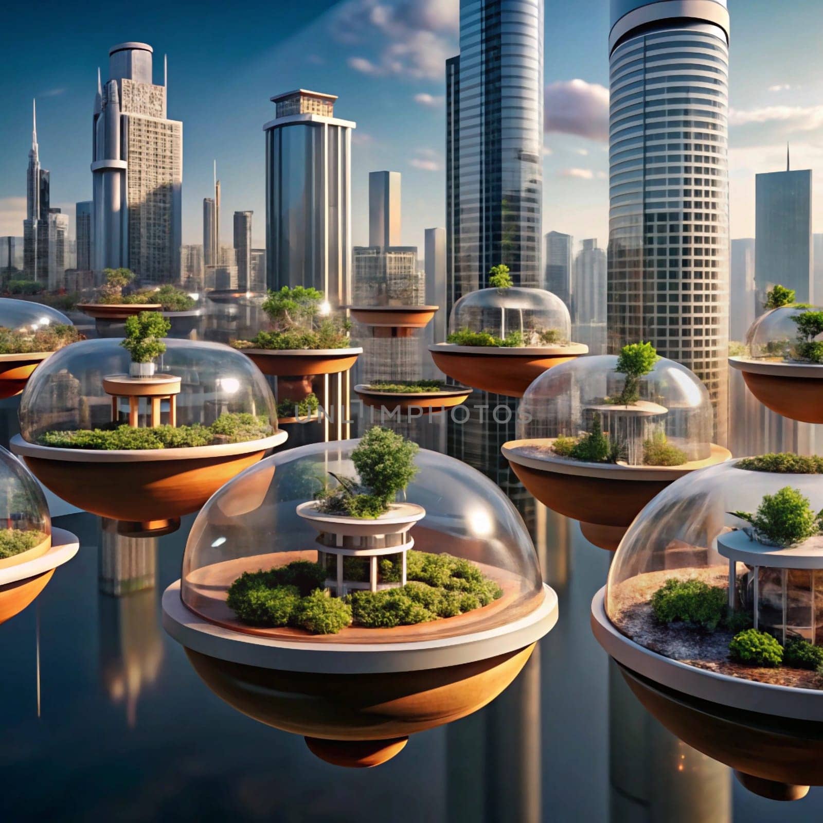 A futuristic cityscape featuring floating domes containing miniature, self-sustaining ecosystems. The domes are arranged in a circular pattern, suggesting a new model of urban living that combines nature and technology. A high-quality AI-generated photo.