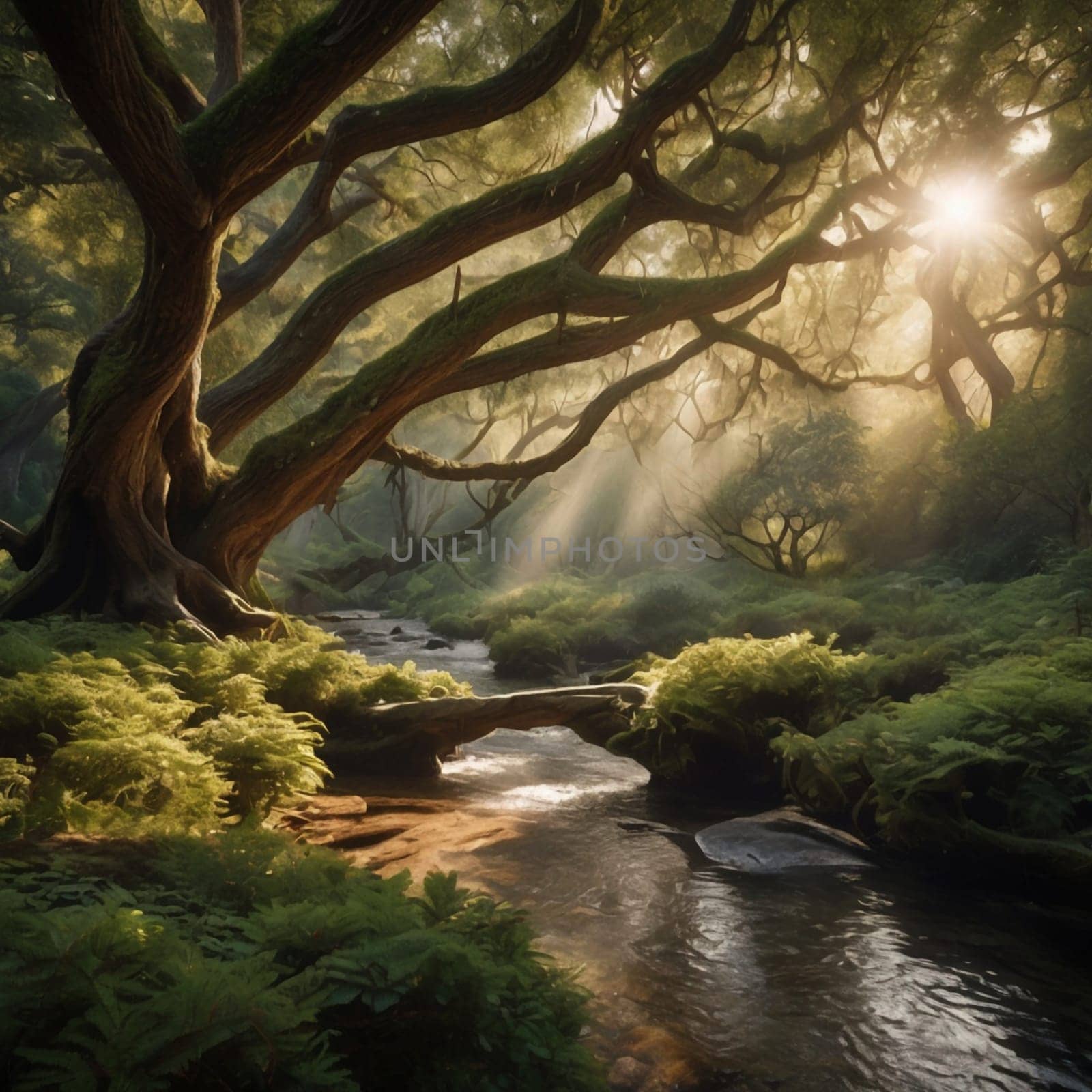 A serene forest scene with a stream flowing through it, bathed in the warm light of the morning sun. The scene features a large, moss-covered tree and lush greenery, creating a peaceful and tranquil atmosphere. A high-quality AI-generated photo.