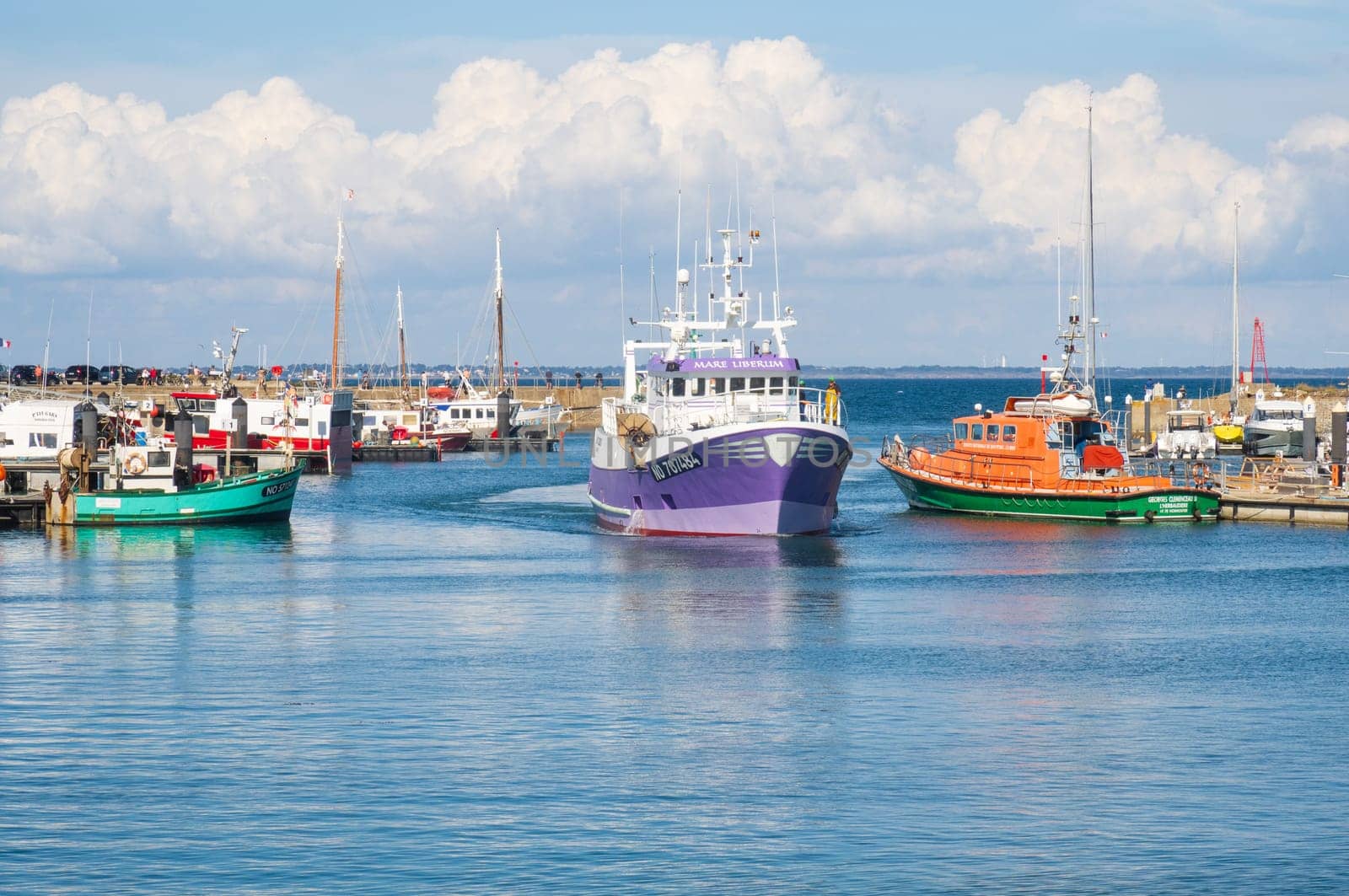 Noirmoutier, France - September 12, 2023: Return from fishing at the port of Herbaudière in Noirmoutier