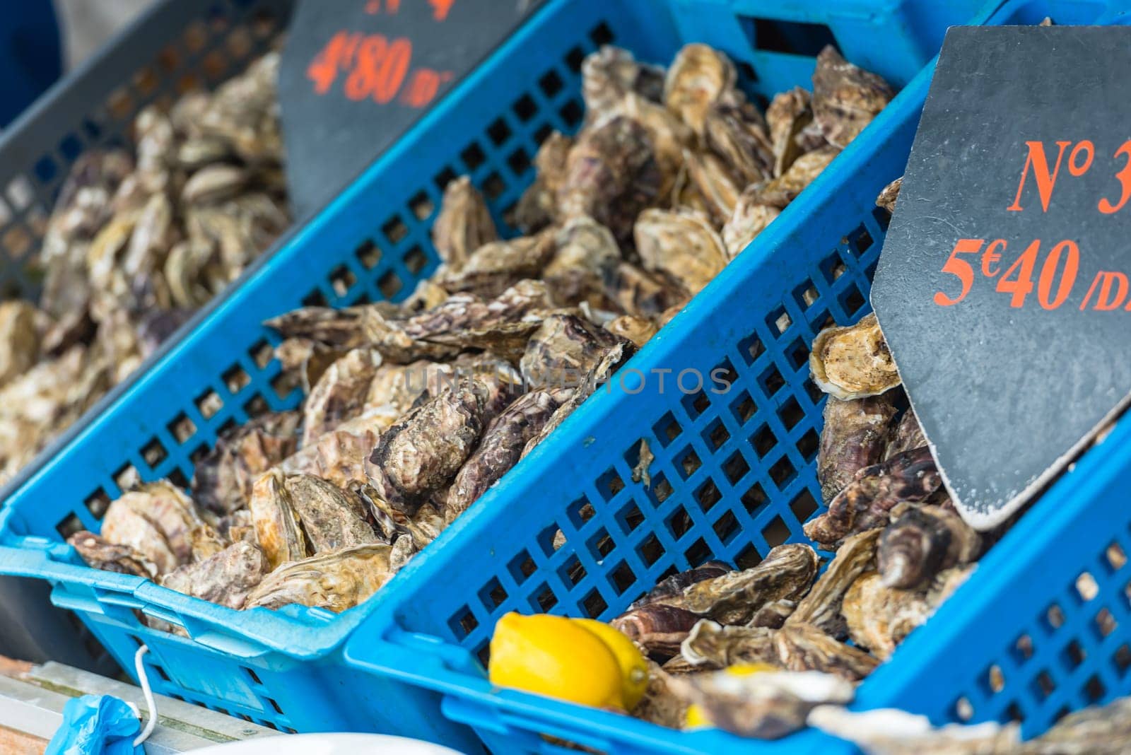 Oysters market in Cancale, Brittany, France. Shot with a selective focus