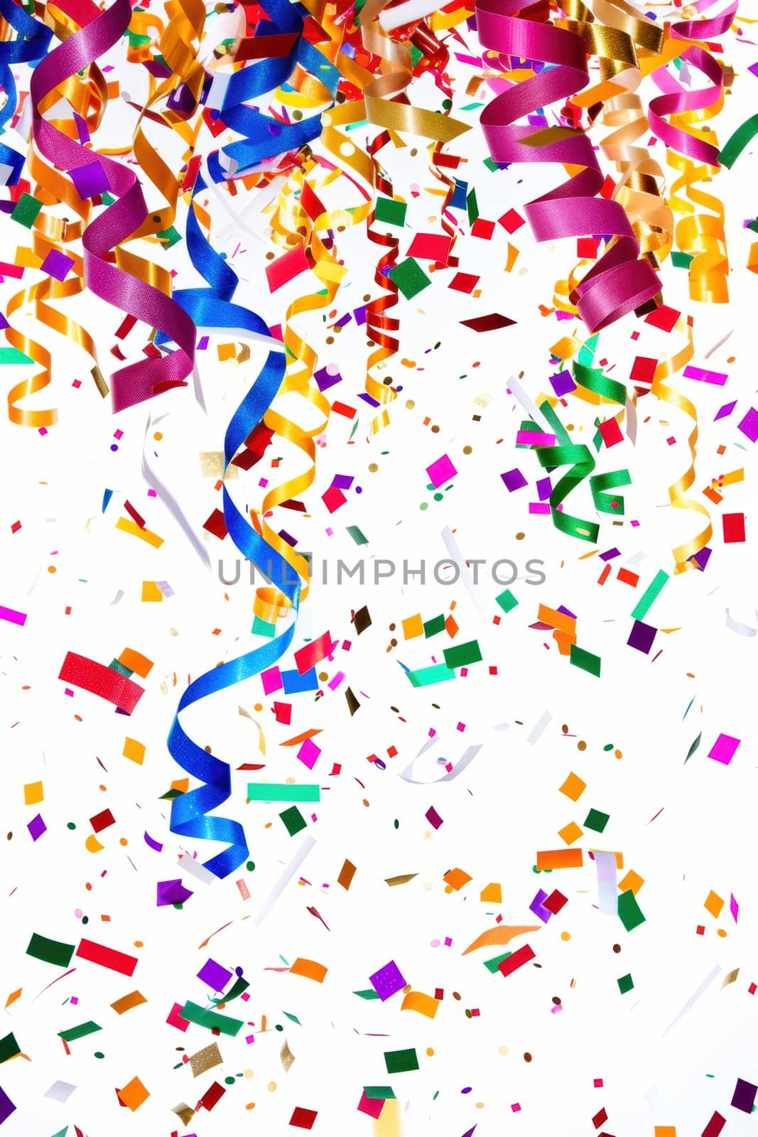 coloured confetti as a white New Year's background. AI generative.