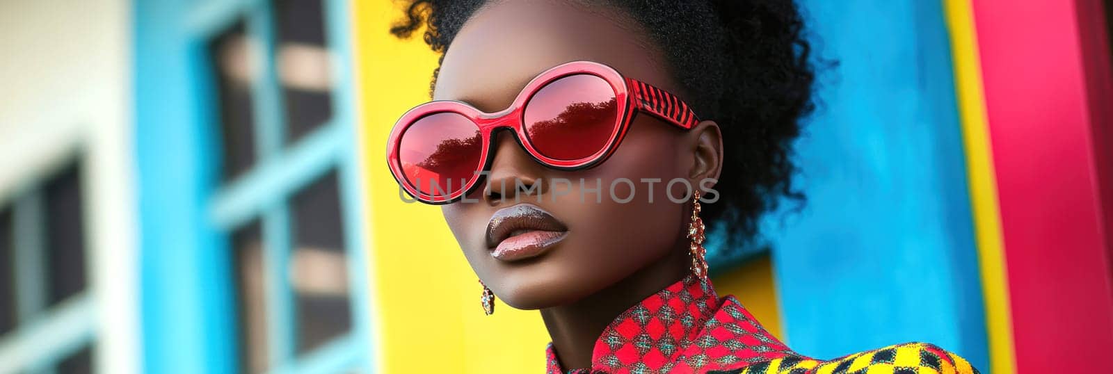 An elegant and sophisticated model  wearing a ready-to-wear collection in a vibrant pop art probabilistic color palette.Ai generative.