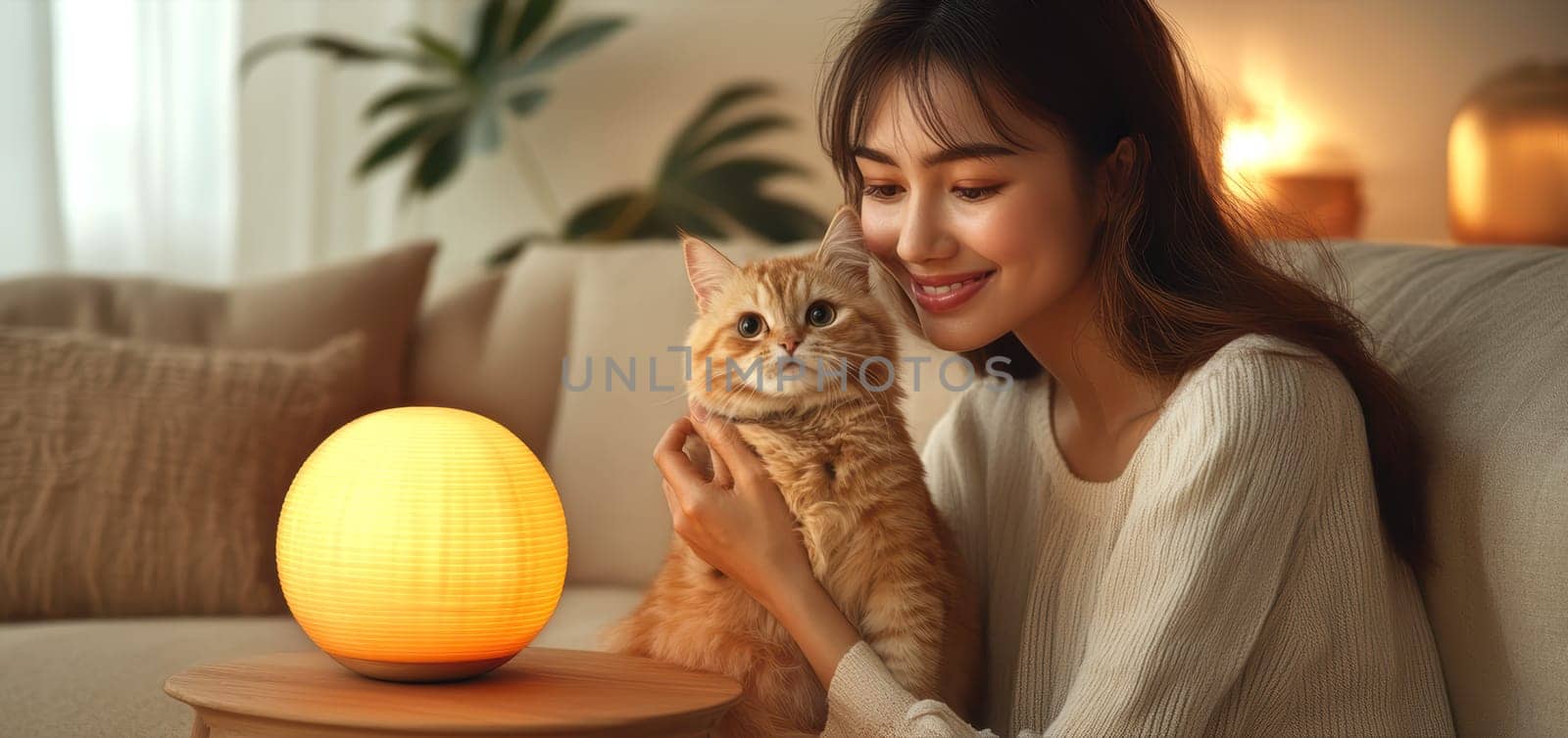A woman in casual sits on the sofa, holding her cat and smiling at it. Ai generative.
