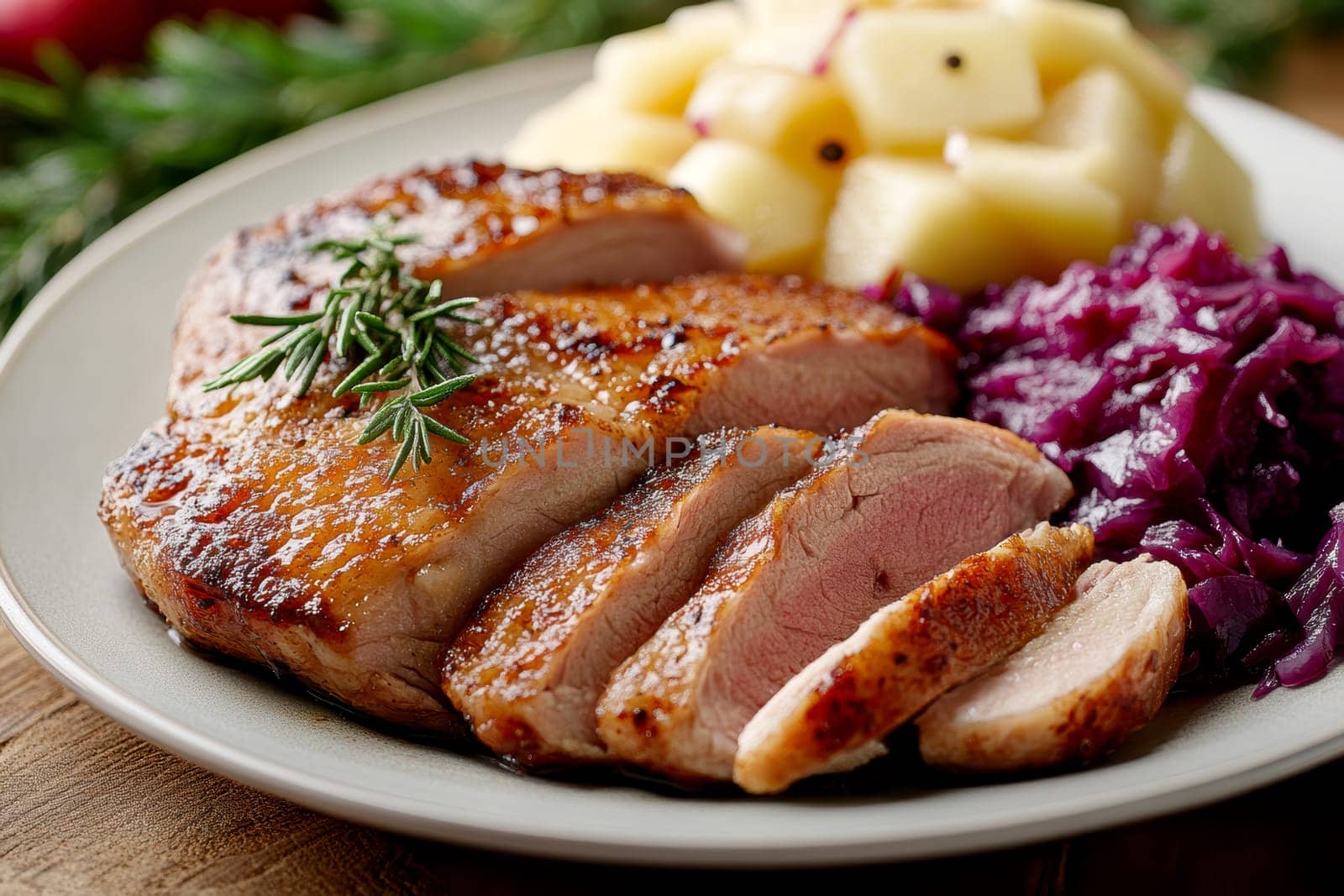 Duck fillet,red cabbage and apple mousse. AI generative.