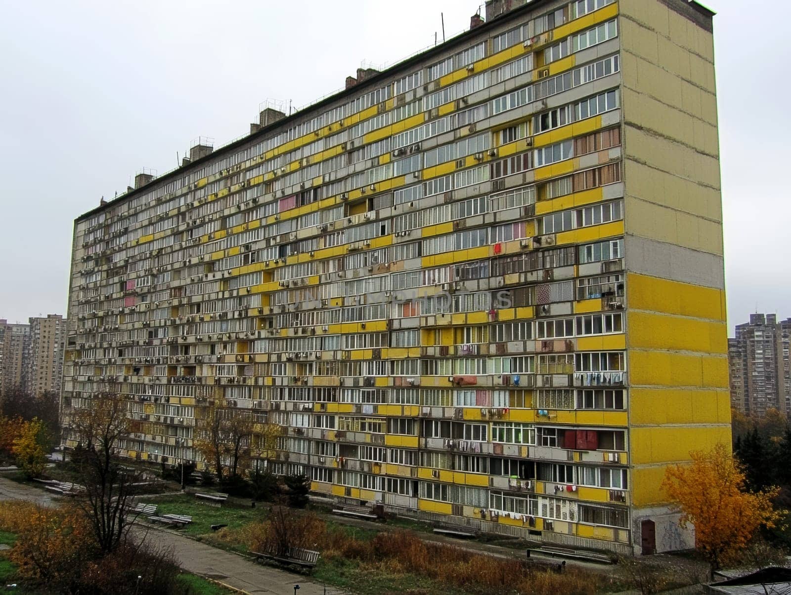 Eastern European apartment blocks. AI generative.
